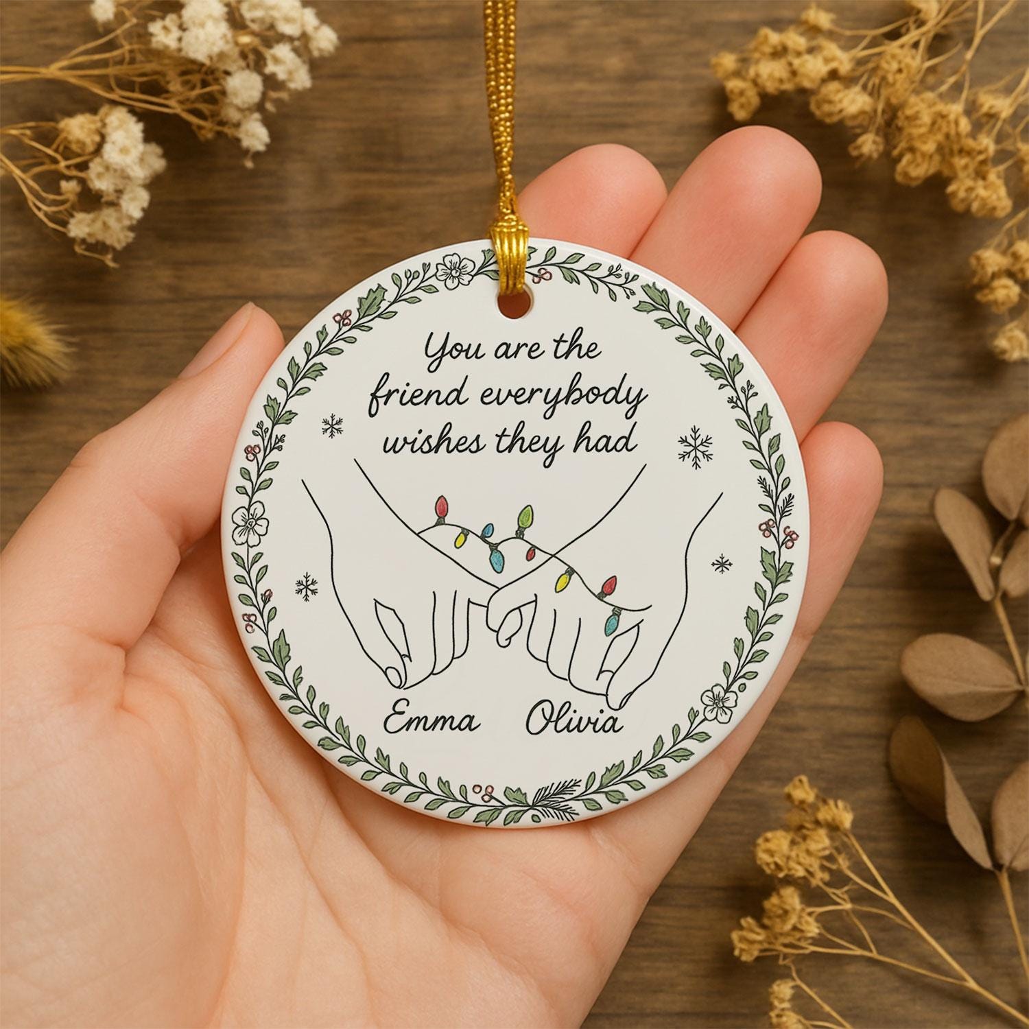 Best Friend Ceramic Ornament, Pinky Promise Line Art, Custom Names & Year, Round Holiday Decor
