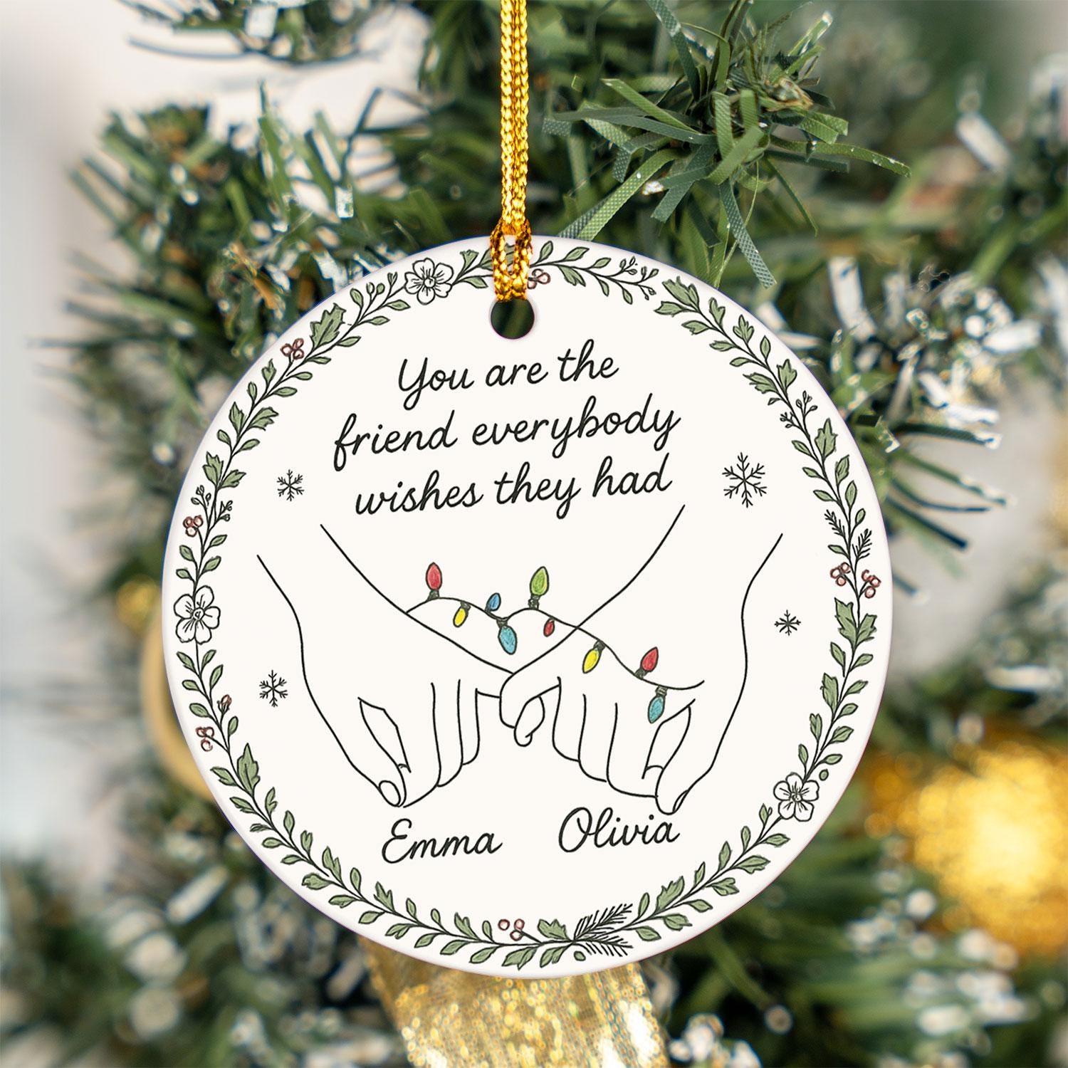 Best Friend Ceramic Ornament, Pinky Promise Line Art, Custom Names & Year, Round Holiday Decor