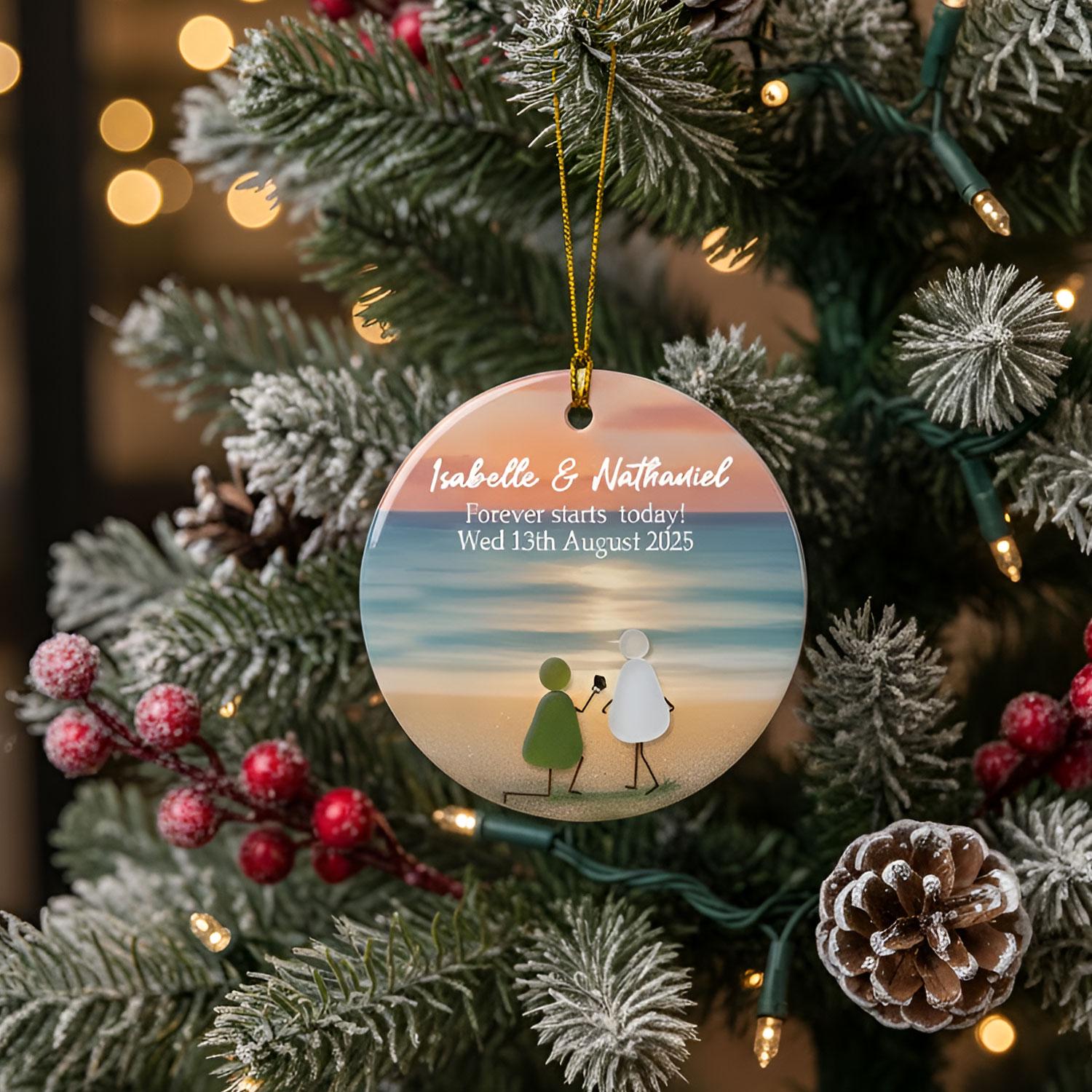 2D Flat Custom Engagement Ornament: Sea Glass Couple Beach Sunset Keepsake, Wedding Gift