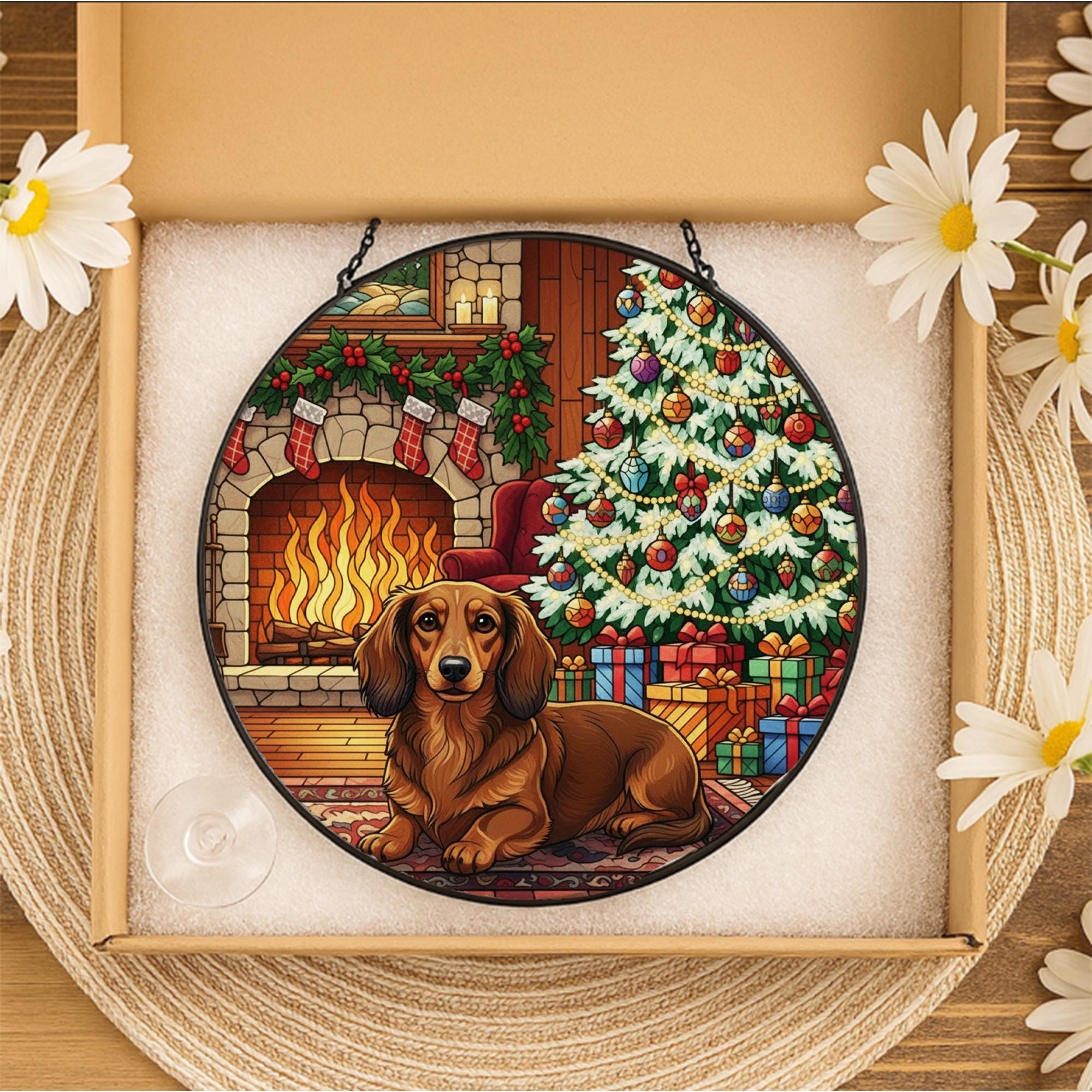 Christmas Dachshund Suncatcher: Holiday Dog Glass Window Decoration