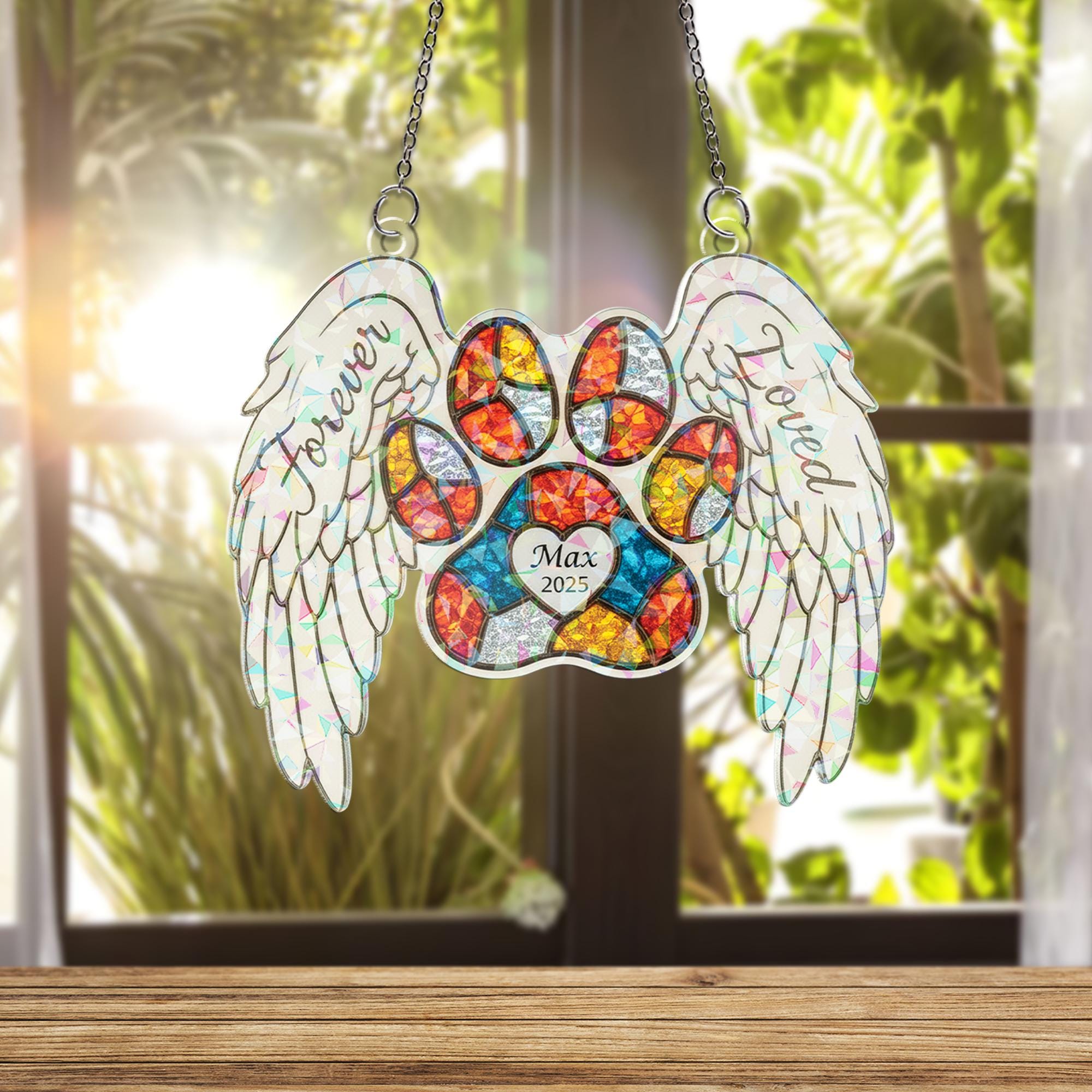 Personalized Pet Memorial Suncatcher: Holographic Paw Print with Angel Wings