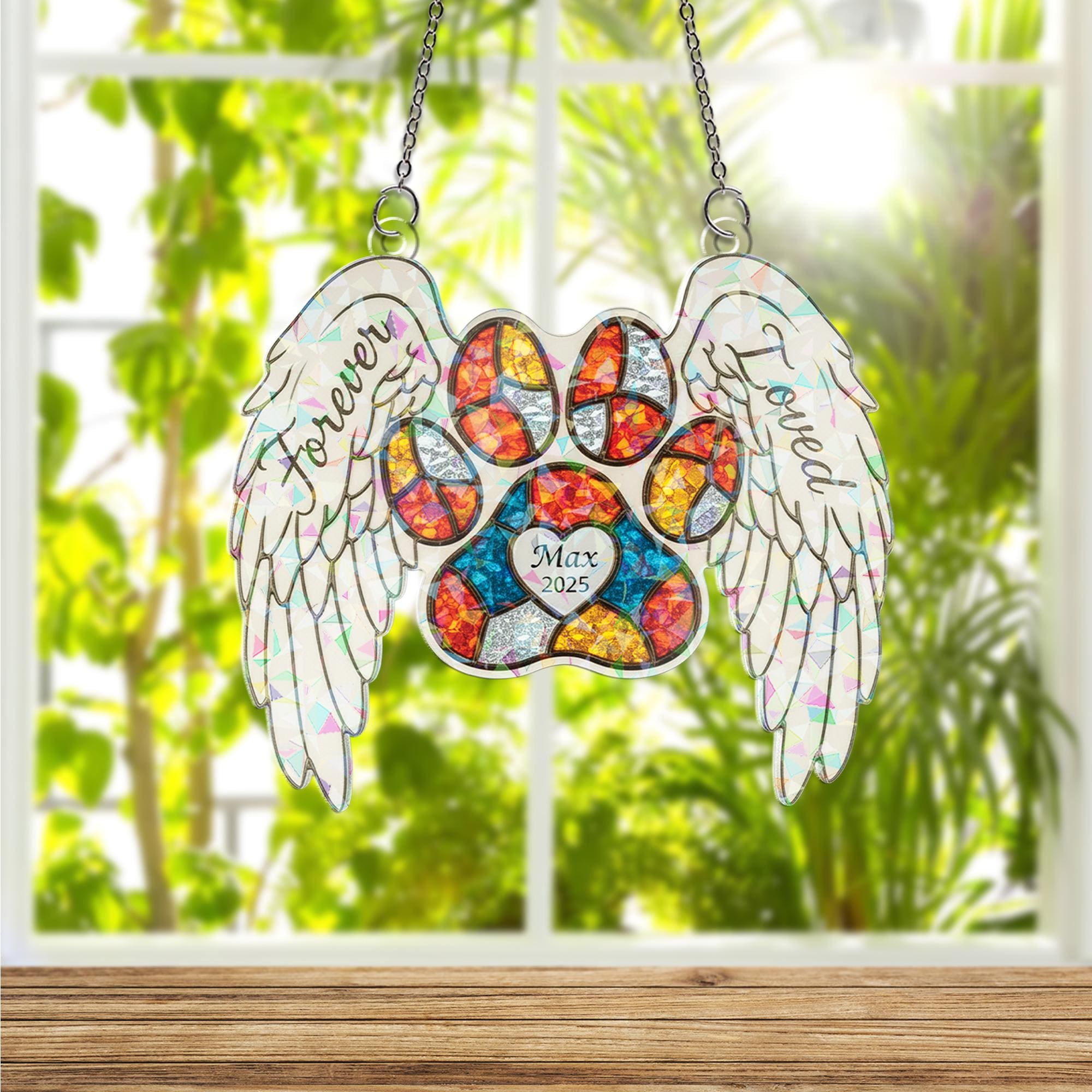 Personalized Pet Memorial Suncatcher: Holographic Paw Print with Angel Wings