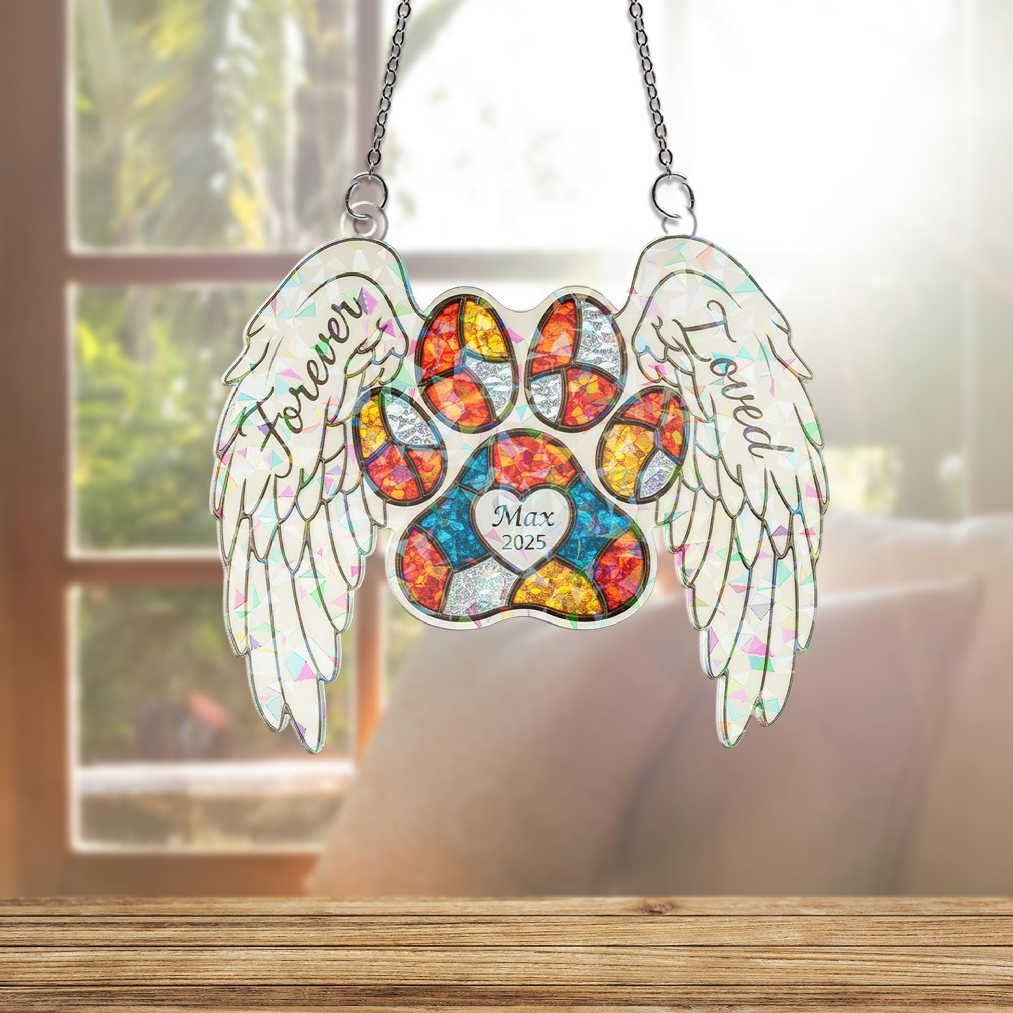 Personalized Pet Memorial Suncatcher: Holographic Paw Print with Angel Wings