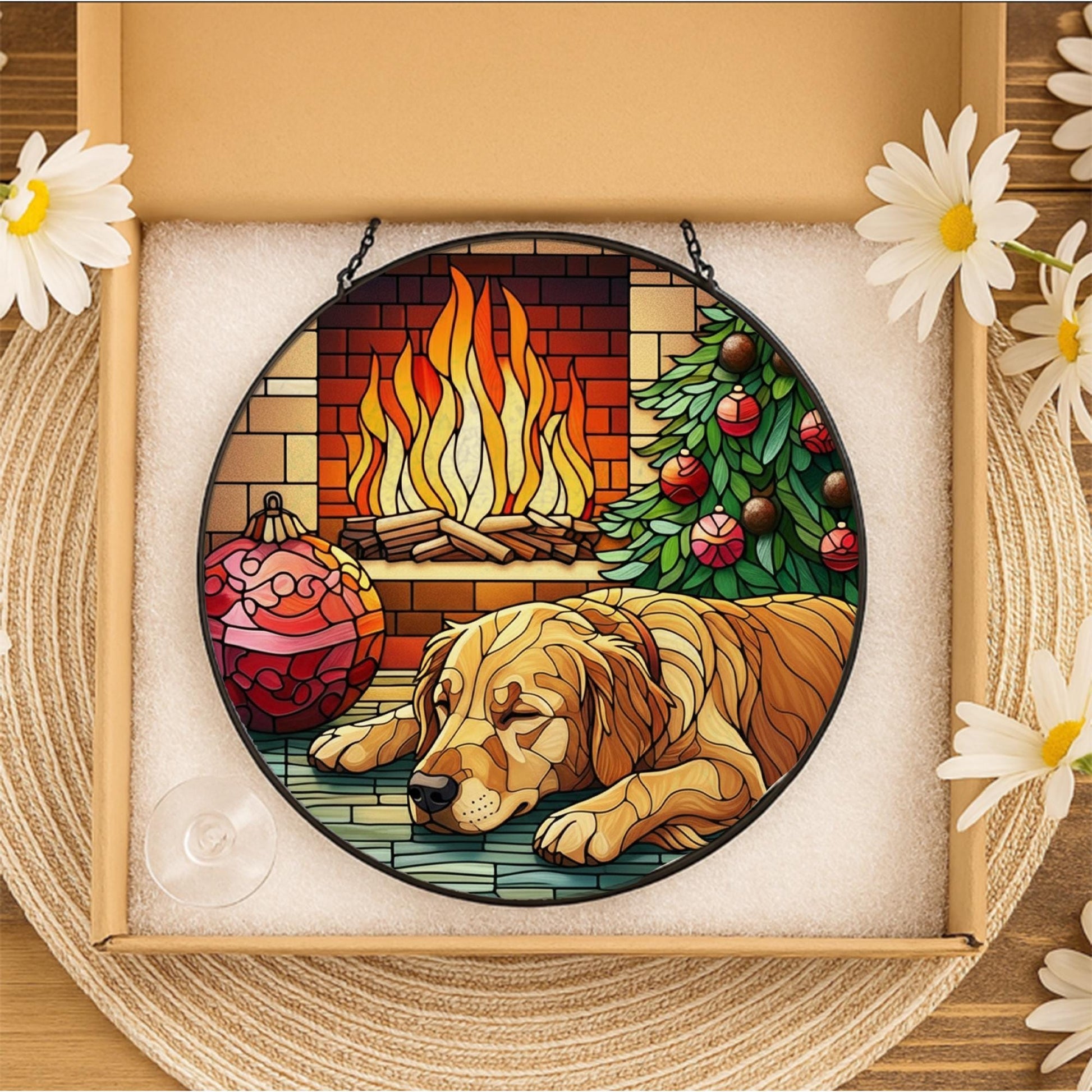 Stained Glass Suncatcher Dog by Fireplace with Christmas Tree Holiday Ornament