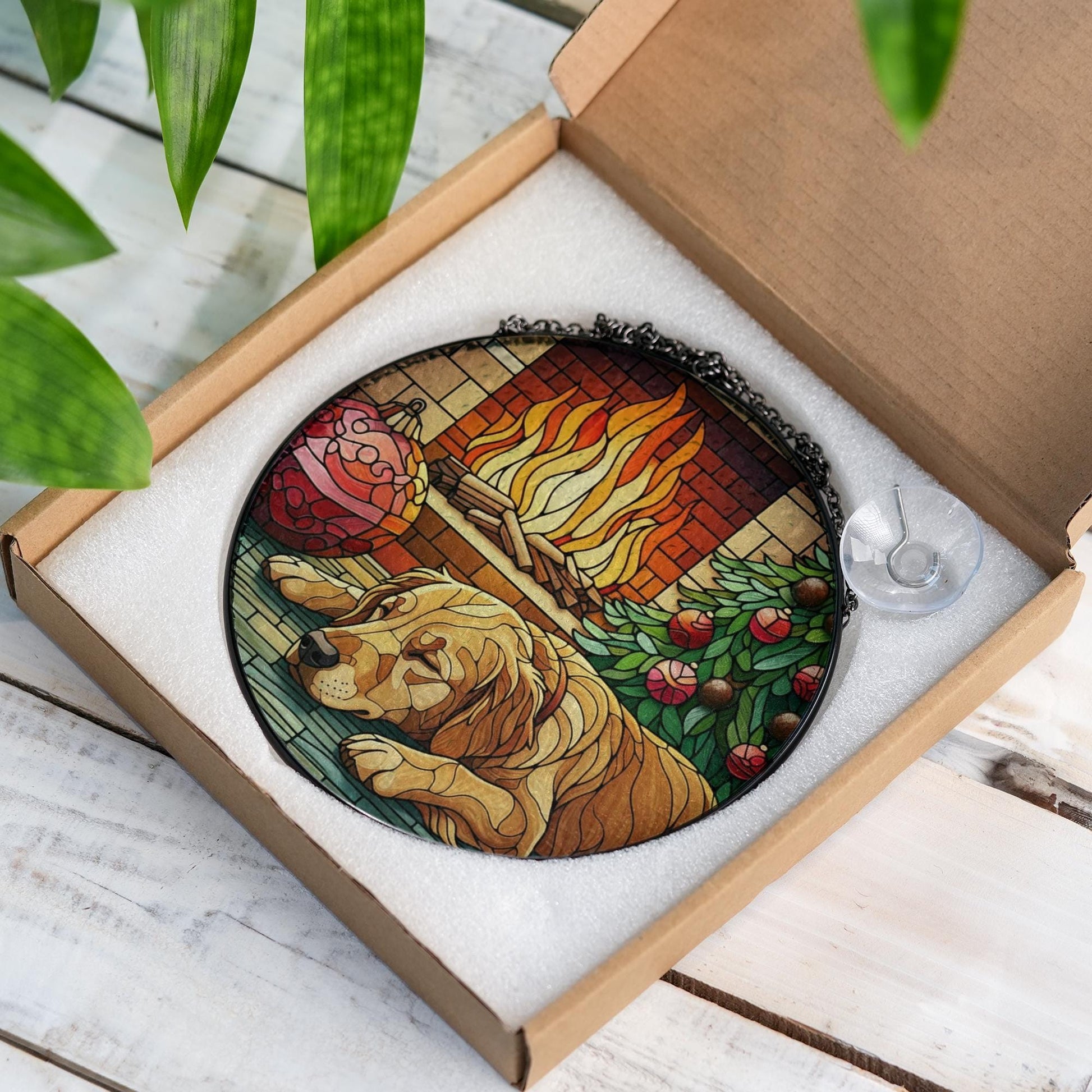 Stained Glass Suncatcher Dog by Fireplace with Christmas Tree Holiday Ornament