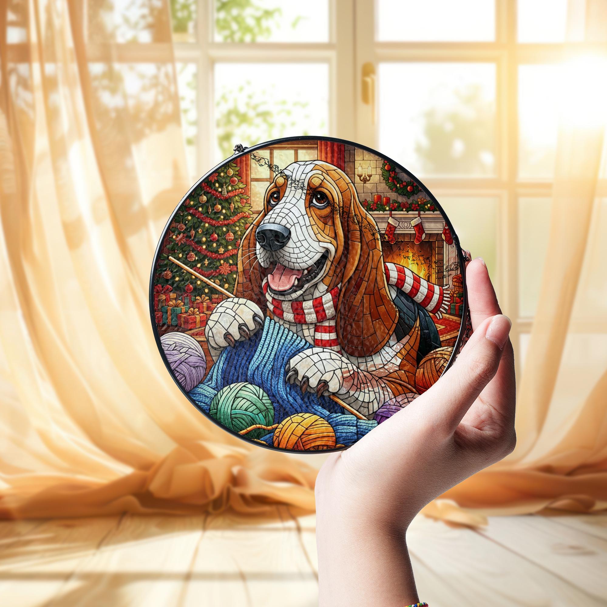 Stained Glass Dog Suncatcher, Basset Hound Window Hanging, Christmas Yarn Knitting Decor