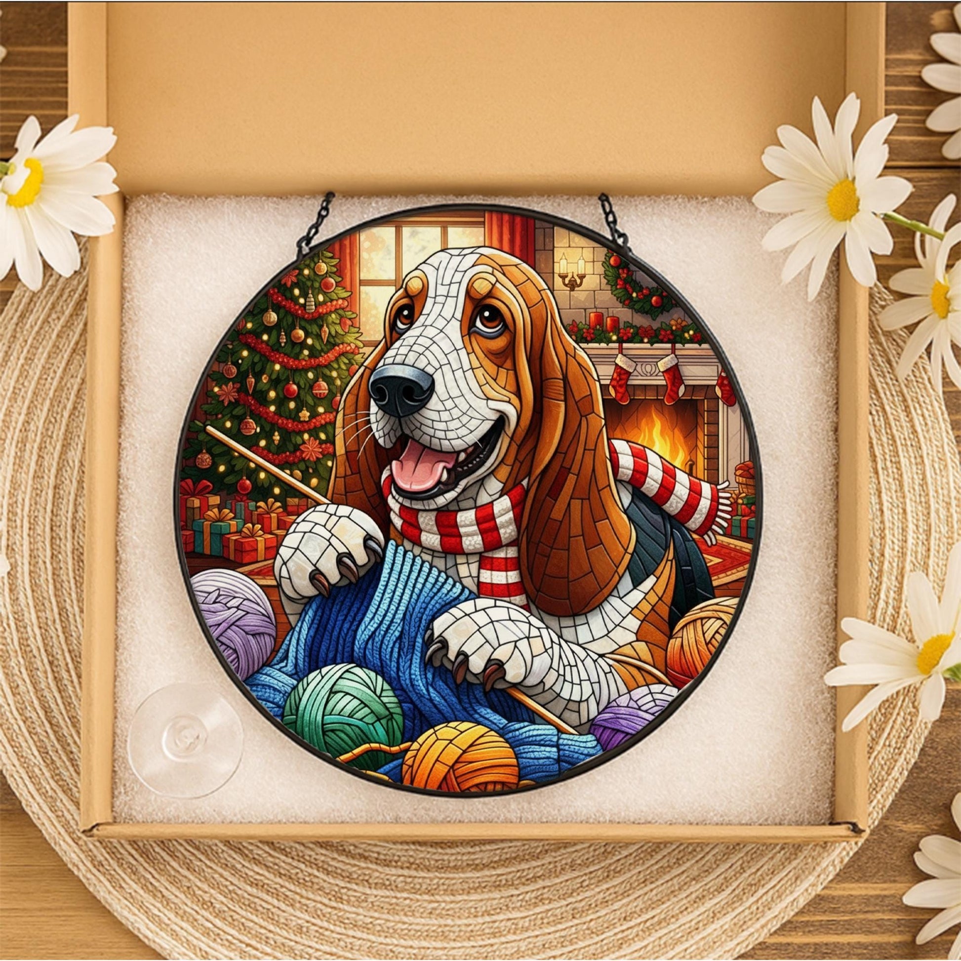 Stained Glass Dog Suncatcher, Basset Hound Window Hanging, Christmas Yarn Knitting Decor