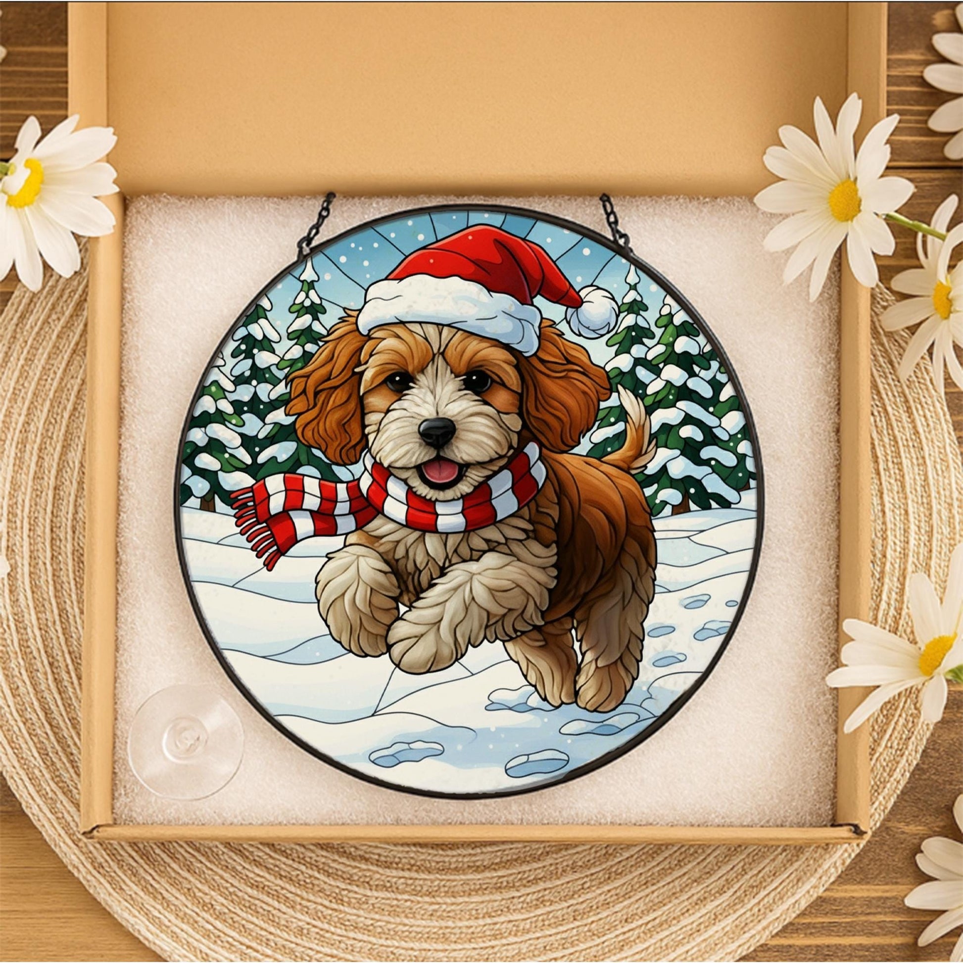 Christmas Dog Suncatcher: Stained Glass Style Puppy Ornament, Santa Hat Gift