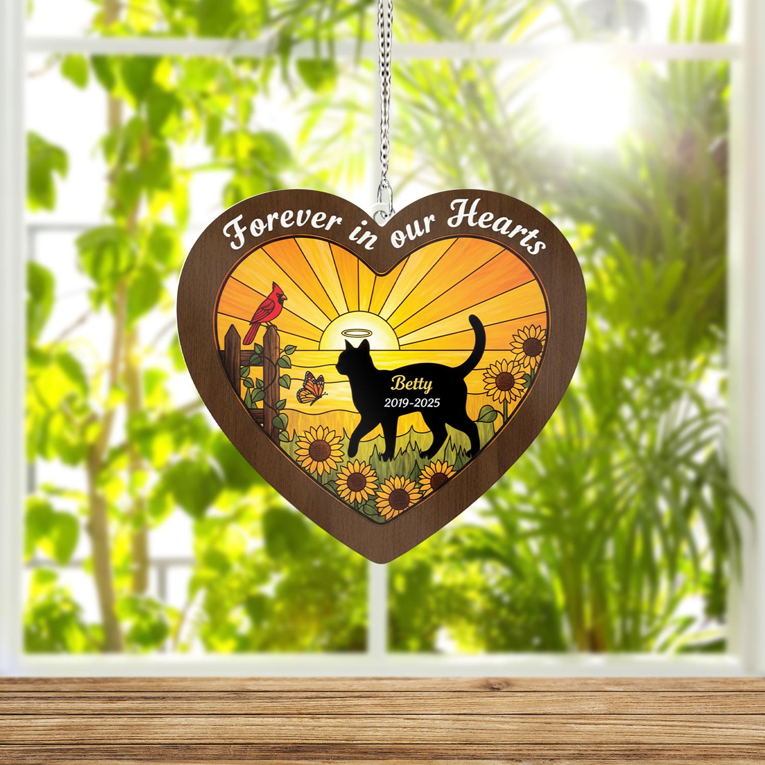 Two-Layer Cat Memorial Suncatcher: Personalized Pet Loss Decor with Sunflower Scene