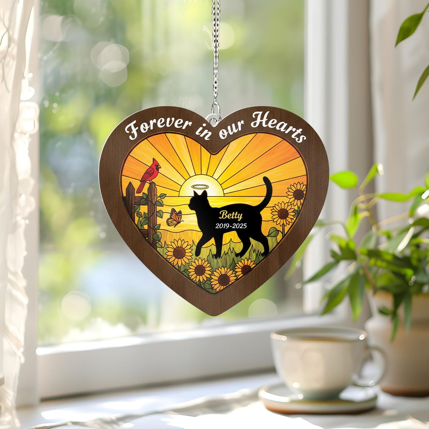 Two-Layer Cat Memorial Suncatcher: Personalized Pet Loss Decor with Sunflower Scene