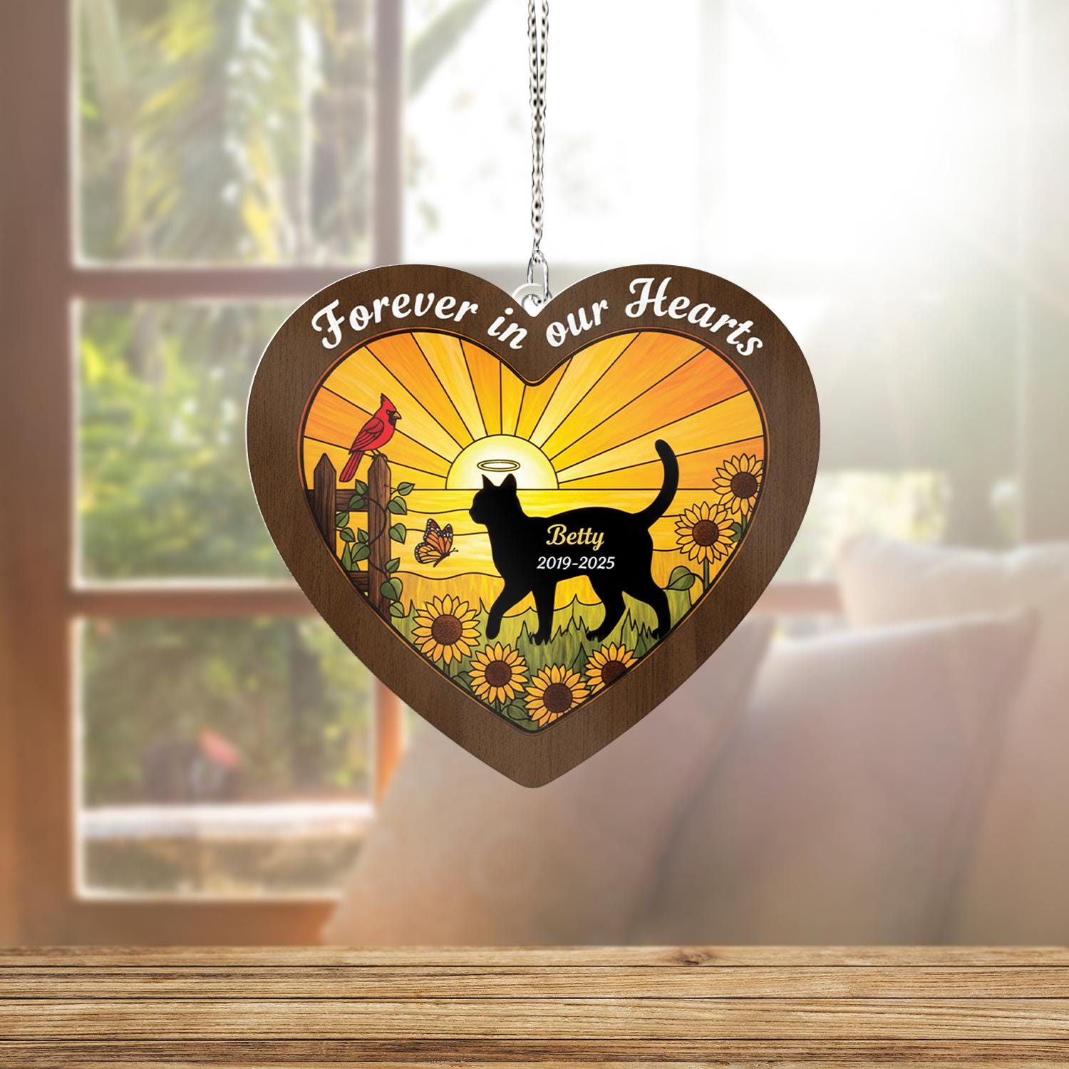 Two-Layer Cat Memorial Suncatcher: Personalized Pet Loss Decor with Sunflower Scene