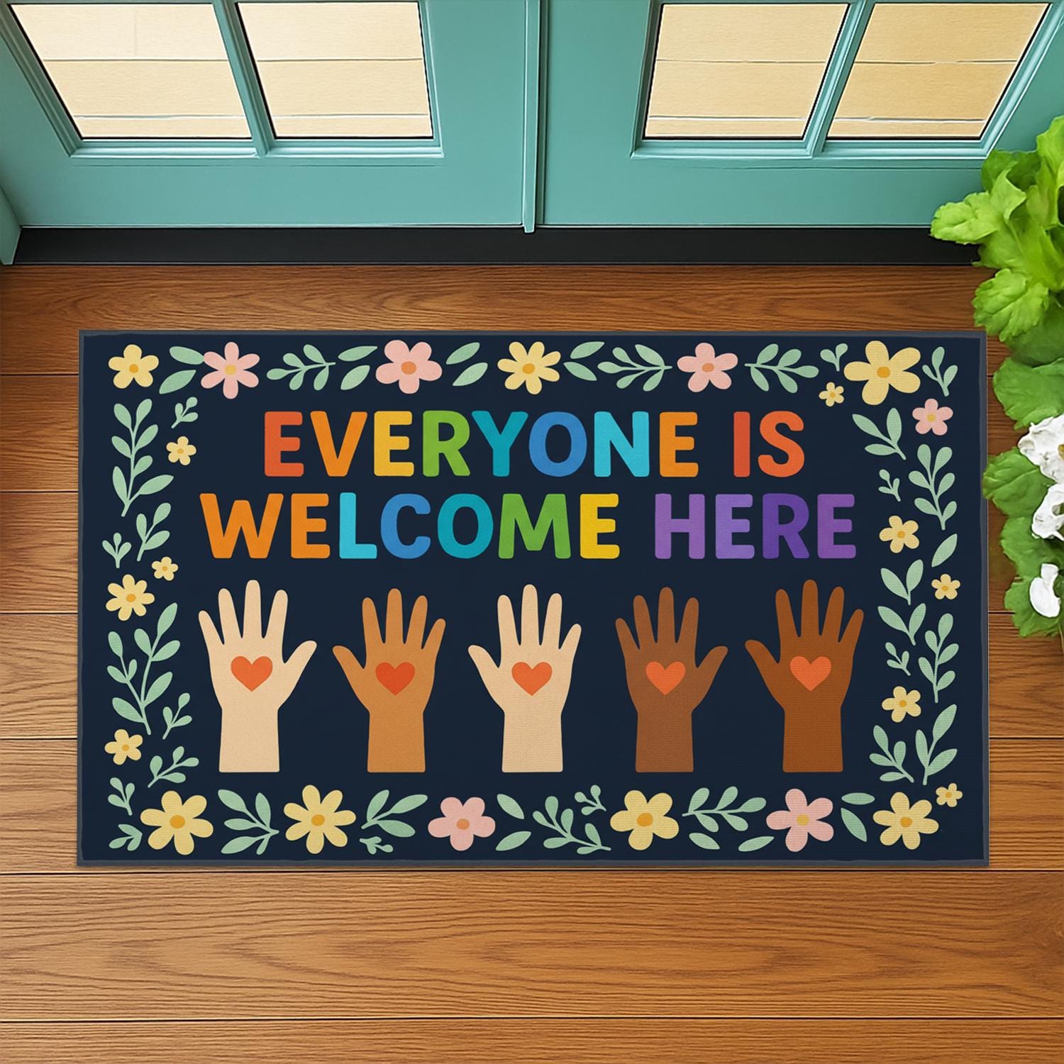 Everyone Is Welcome Here Doormat – Colorful Welcome Mat for Porch or Entryway