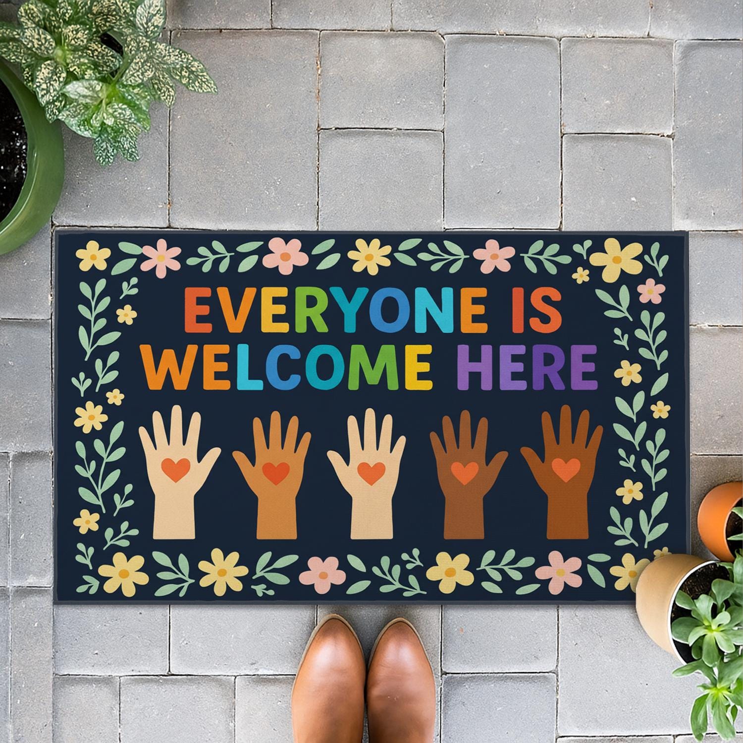 Everyone Is Welcome Here Doormat – Colorful Welcome Mat for Porch or Entryway