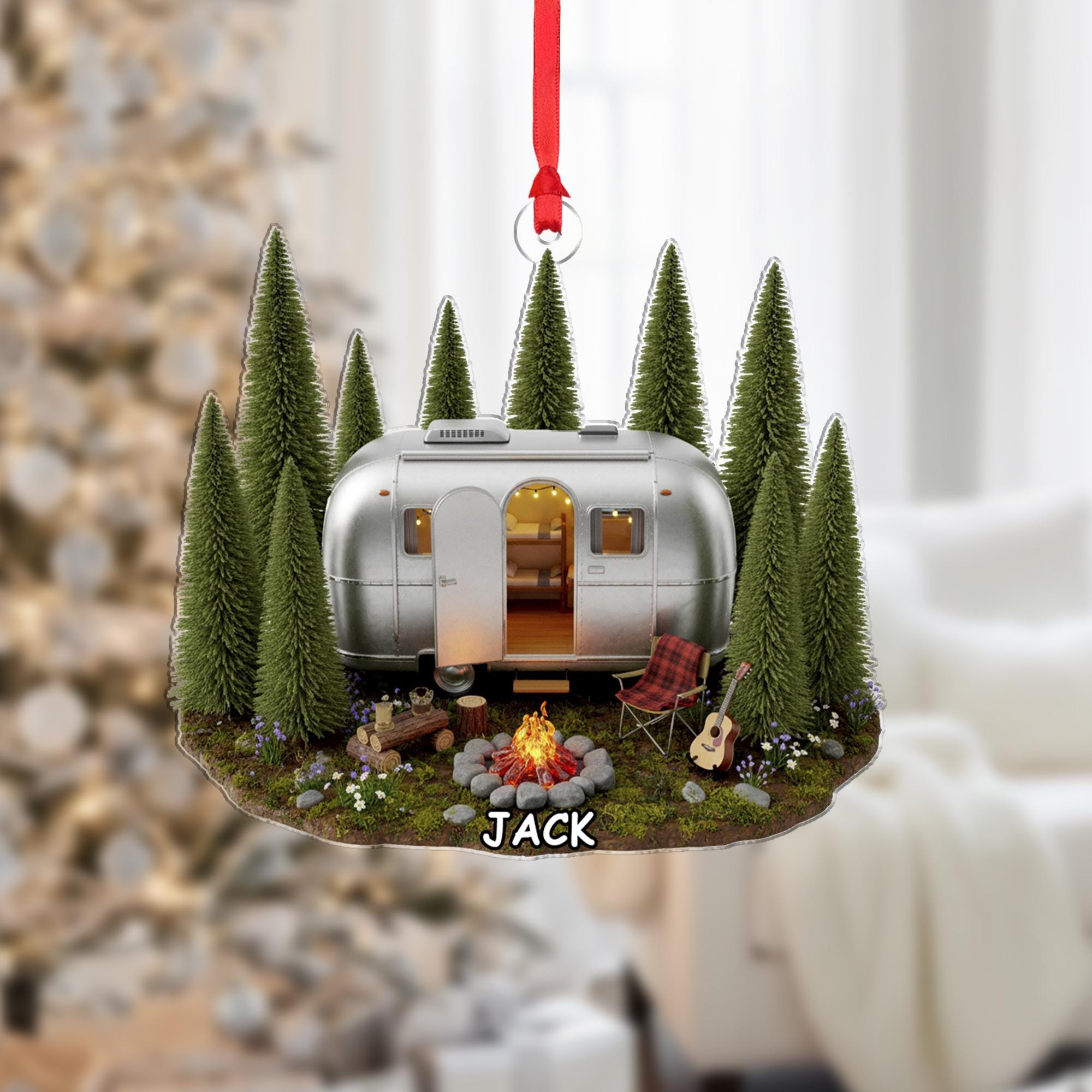 Personalized Camper & Forest Scene Ornament | Custom Name Trailer Gift for Campers and Travelers