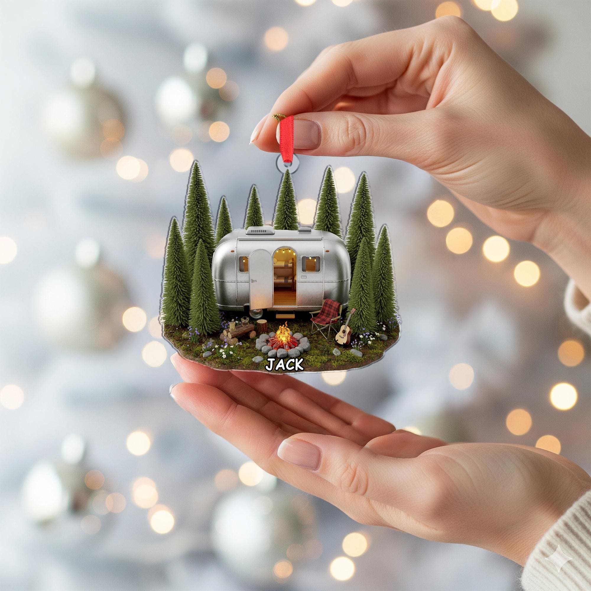 Personalized Camper & Forest Scene Ornament | Custom Name Trailer Gift for Campers and Travelers