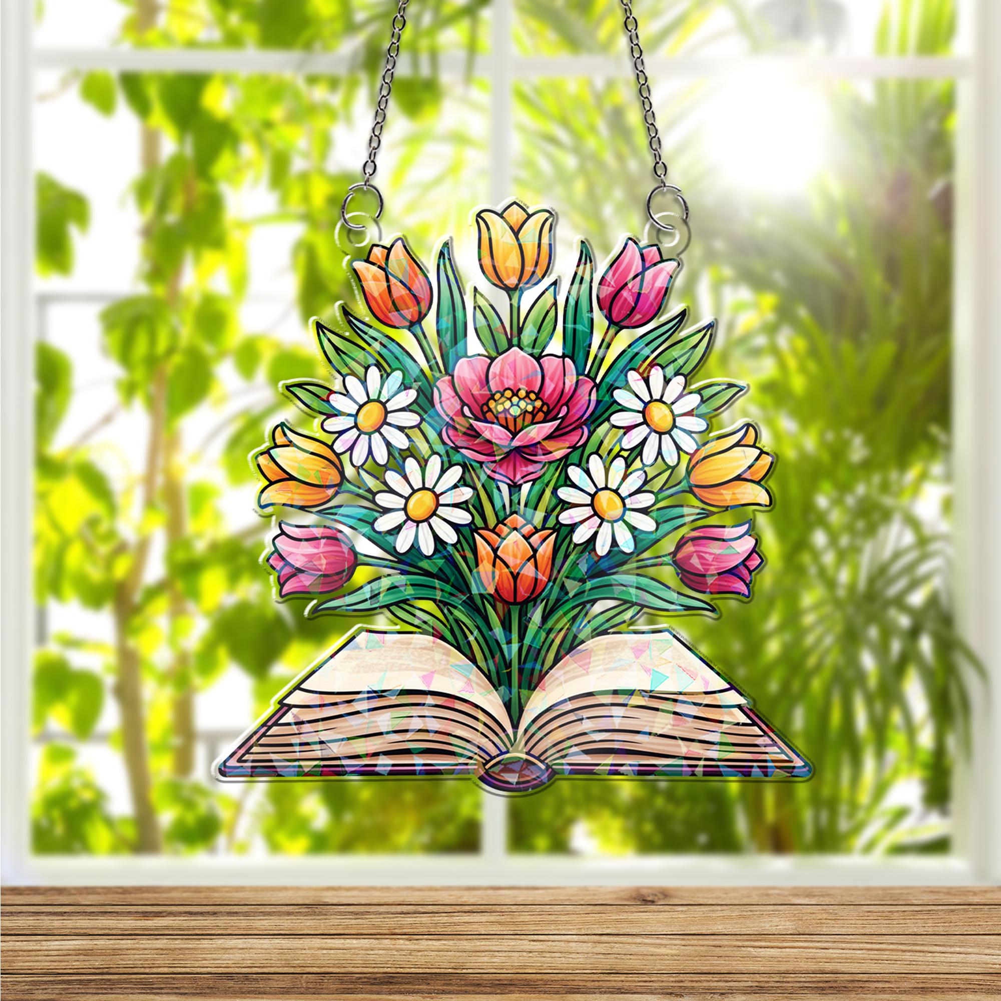 Holographic Floral Book Suncatcher: Acrylic Hologram Window Hanging