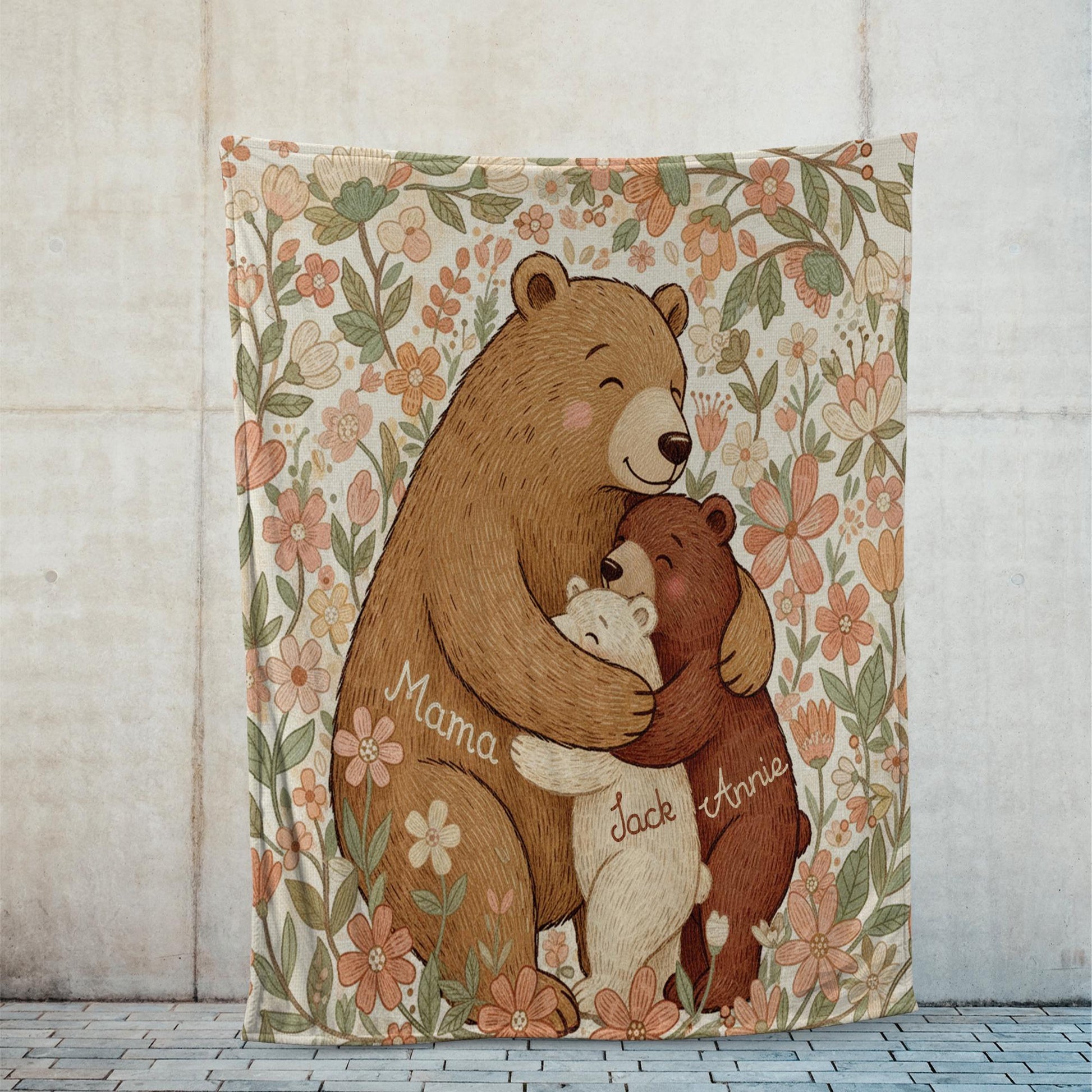 Personalized Mama & Kids Bear Fleece Blanket: Family Animal Blanket Gift