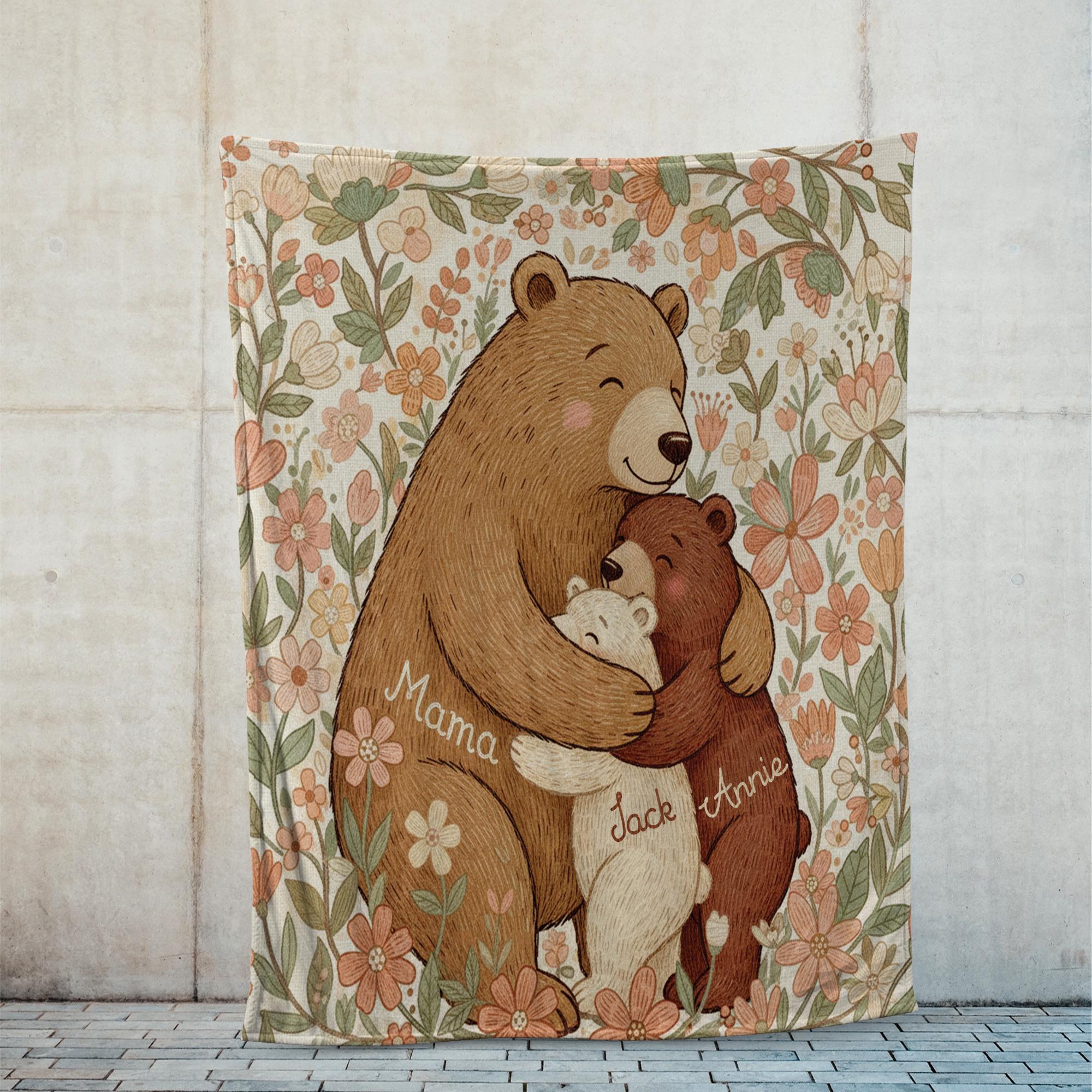 Personalized Mama & Kids Bear Fleece Blanket: Family Animal Blanket Gift
