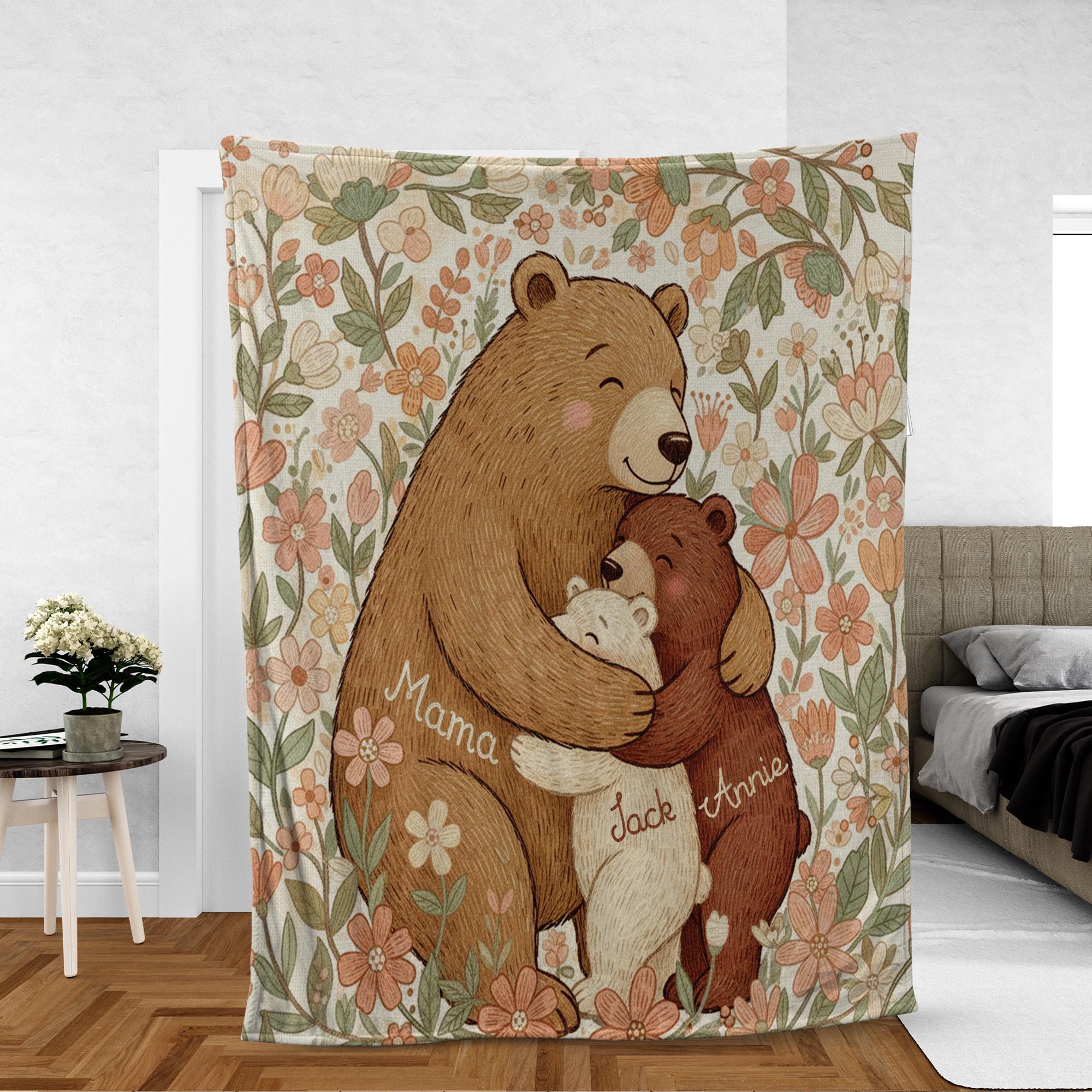 Personalized Mama & Kids Bear Fleece Blanket: Family Animal Blanket Gift