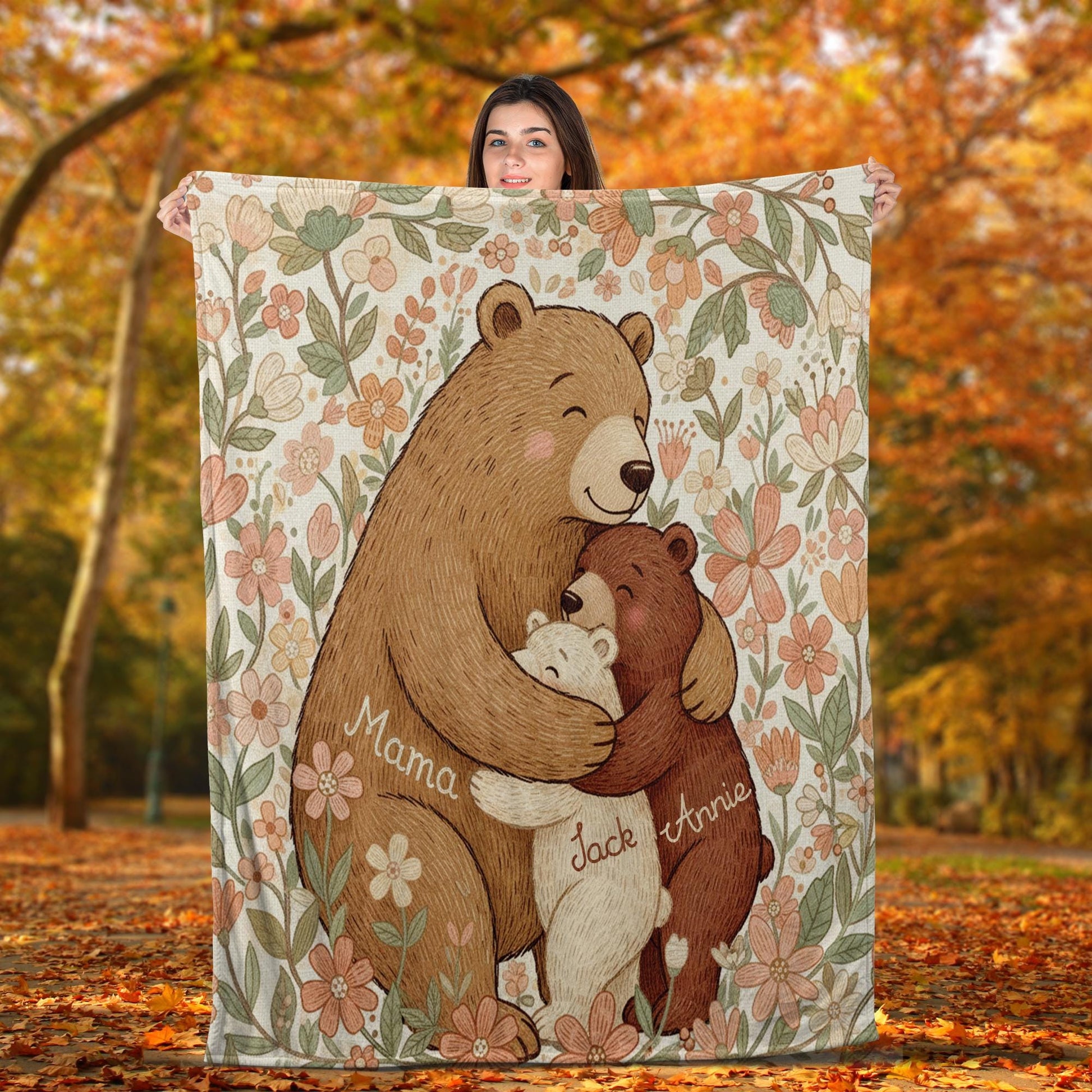 Personalized Mama & Kids Bear Fleece Blanket: Family Animal Blanket Gift