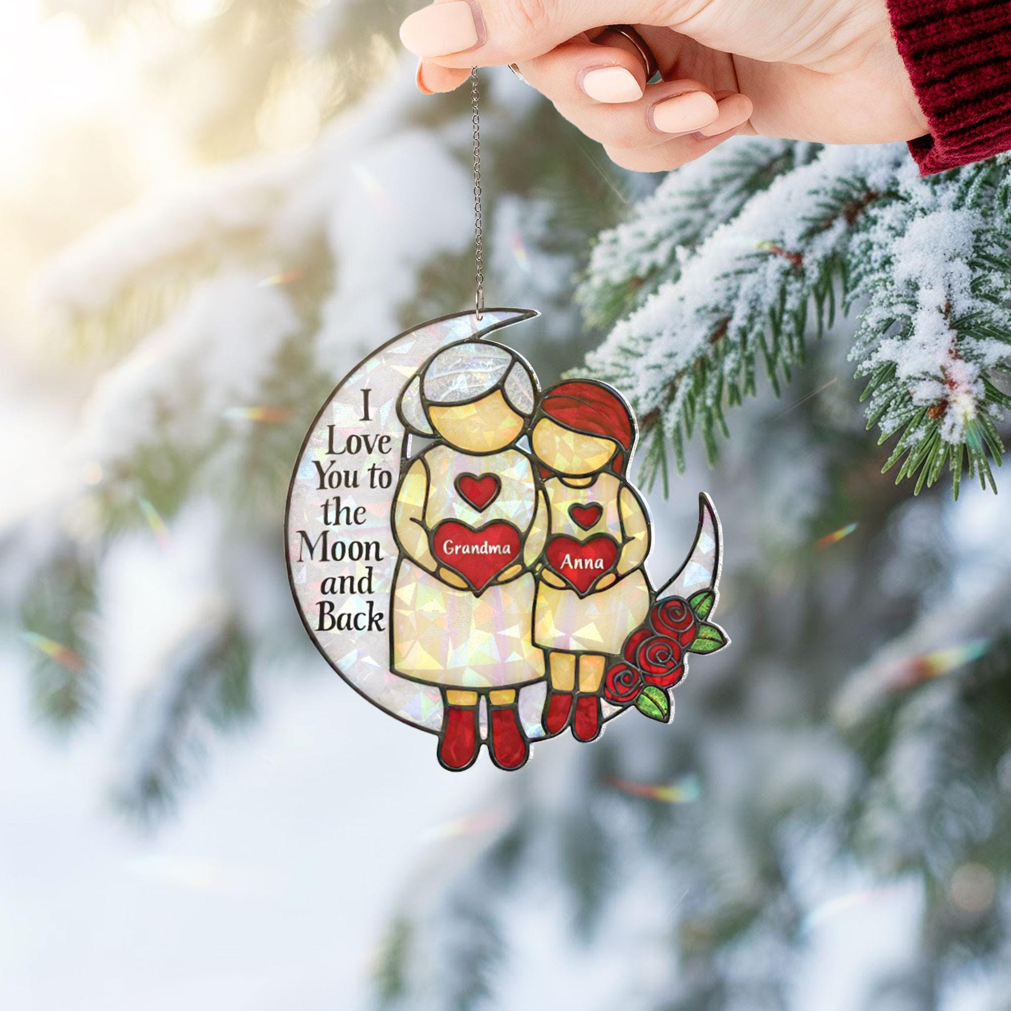 Christmas Hologram Ornament for Grandma: Personalized Crescent Moon Keepsake, Holiday Tree Decor