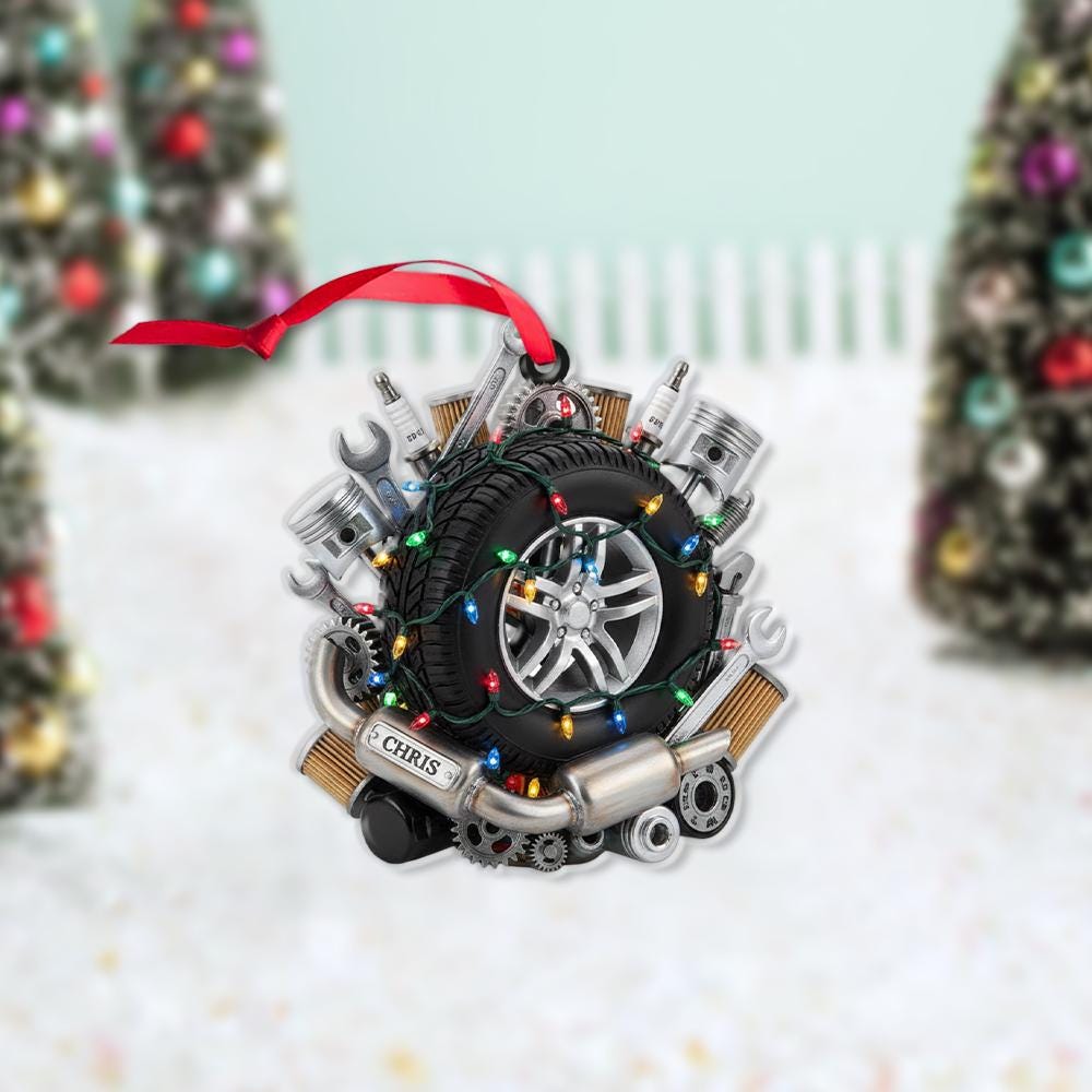Personalized Mechanic Christmas Ornament – Custom Name Auto Repair Gift with Tire & Tools, Car Enthusiast Holiday Decoration