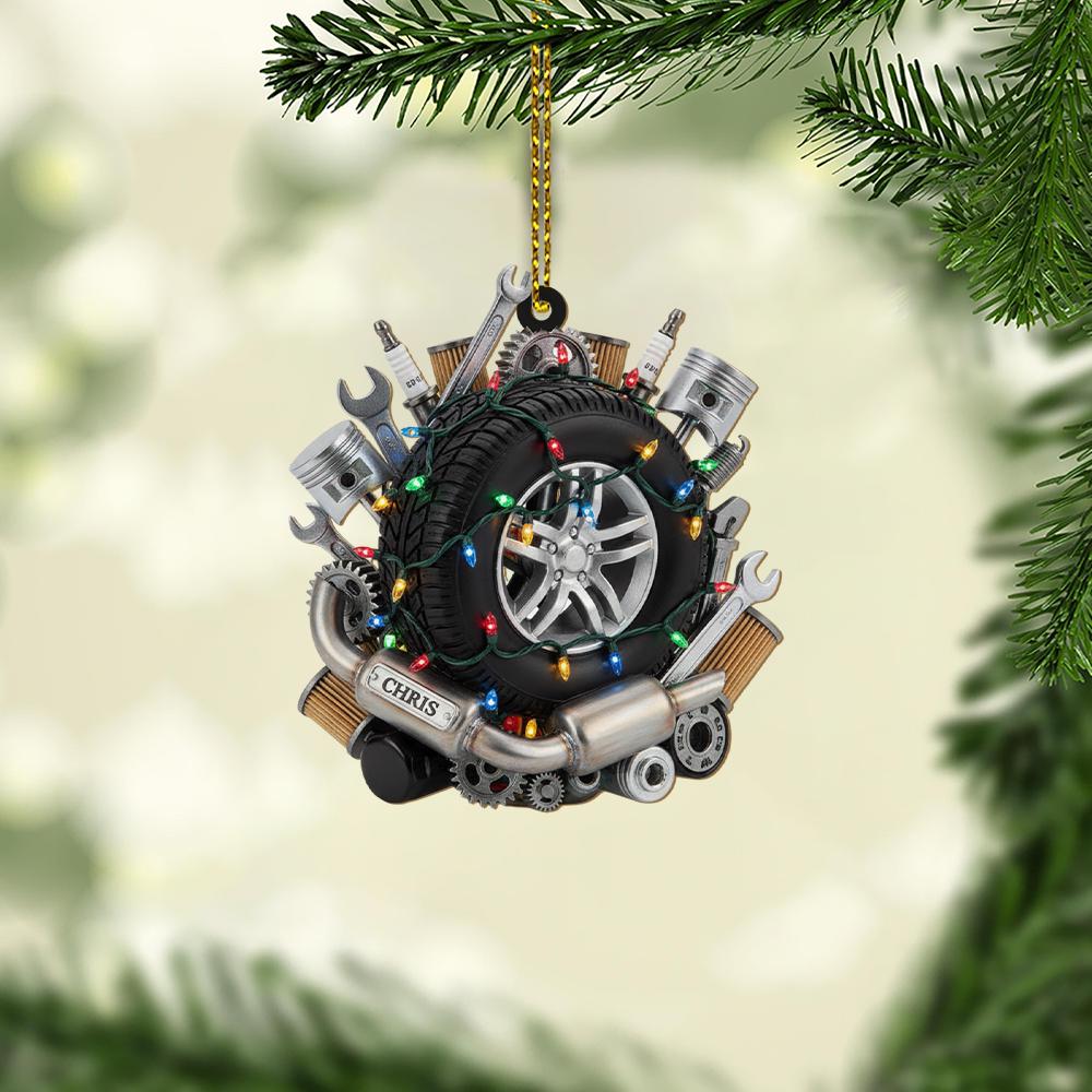 Personalized Mechanic Christmas Ornament – Custom Name Auto Repair Gift with Tire & Tools, Car Enthusiast Holiday Decoration