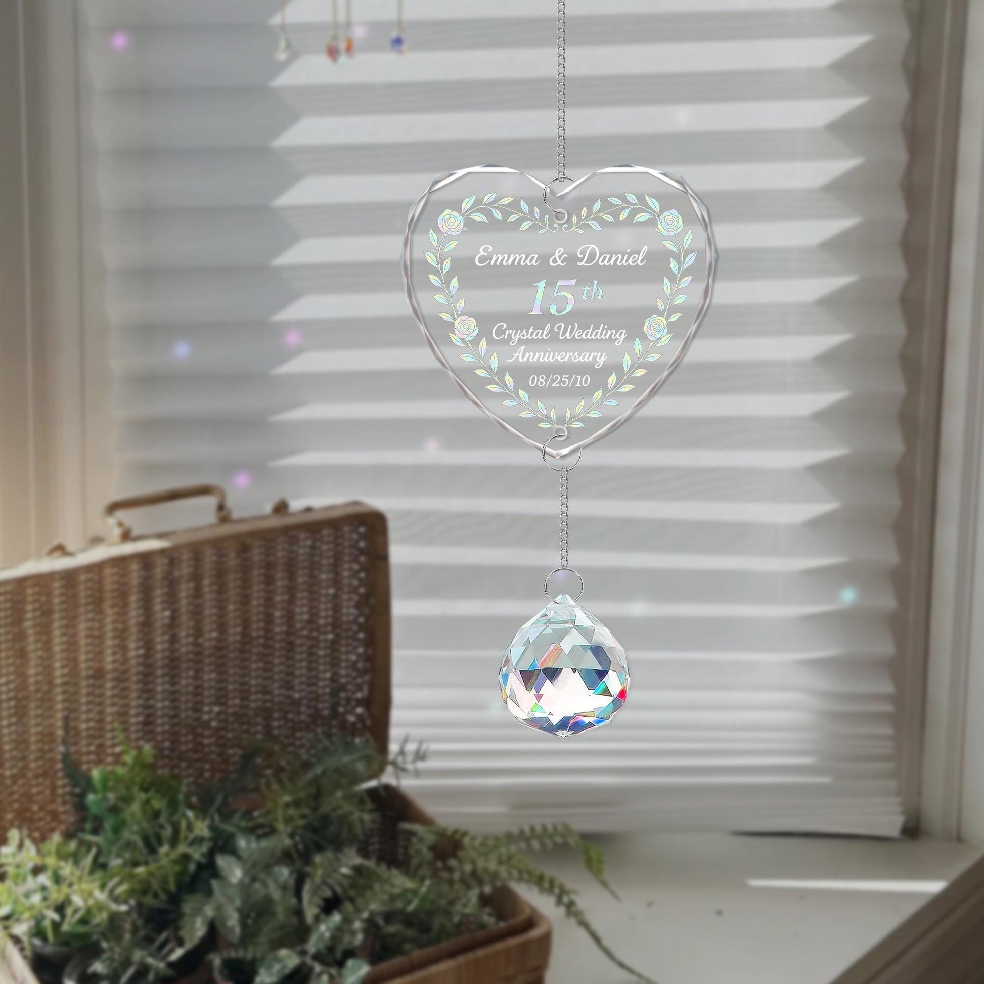 Custom Crystal Anniversary Ornament Glass Heart Rainbow Charm Decoration