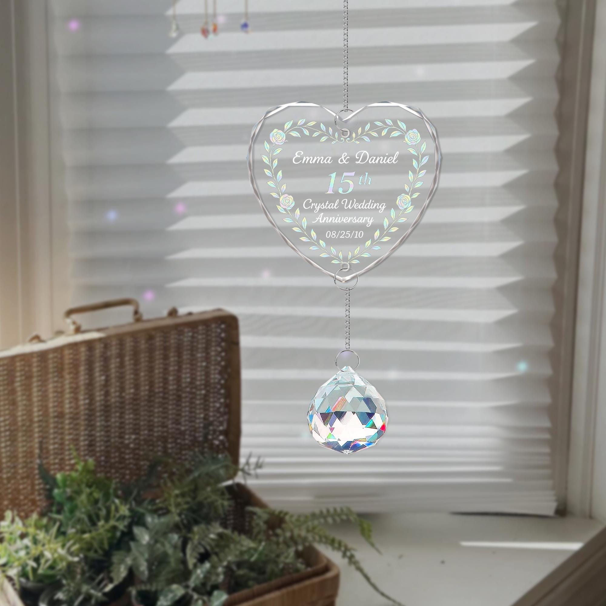 Custom Crystal Anniversary Ornament Glass Heart Rainbow Charm Decoration