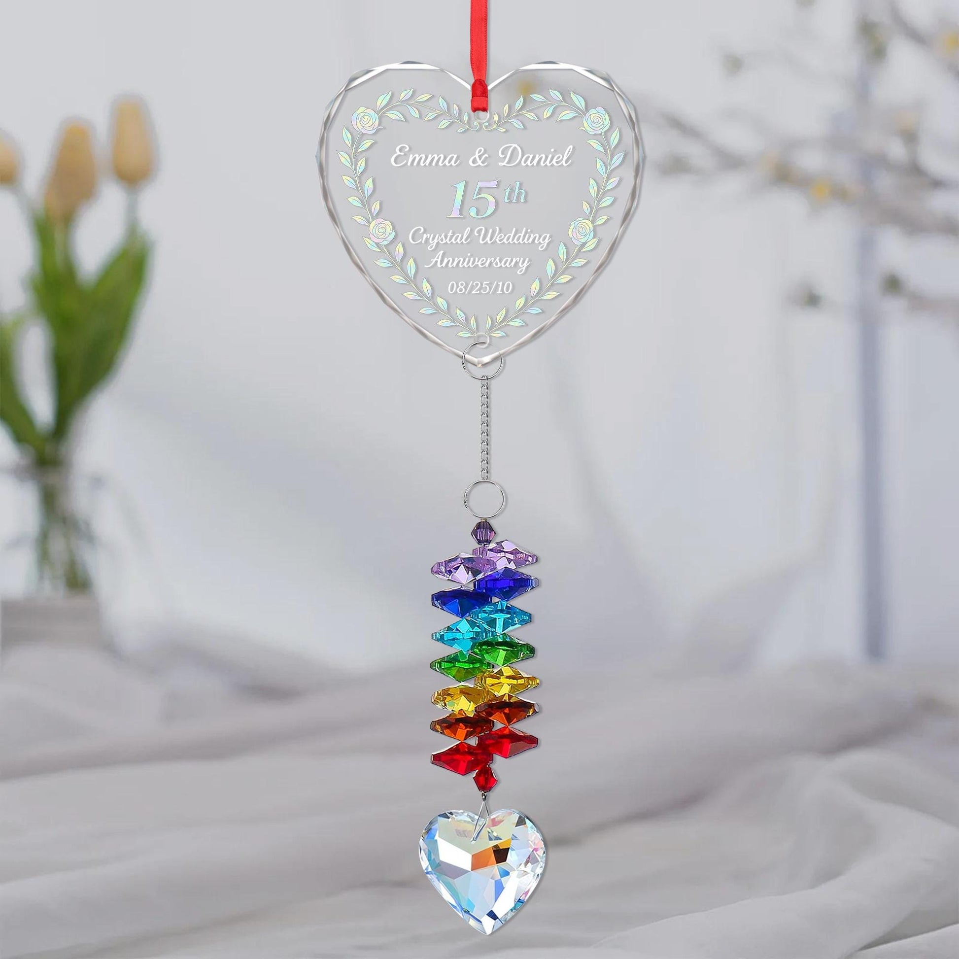 Custom Crystal Anniversary Ornament Glass Heart Rainbow Charm Decoration
