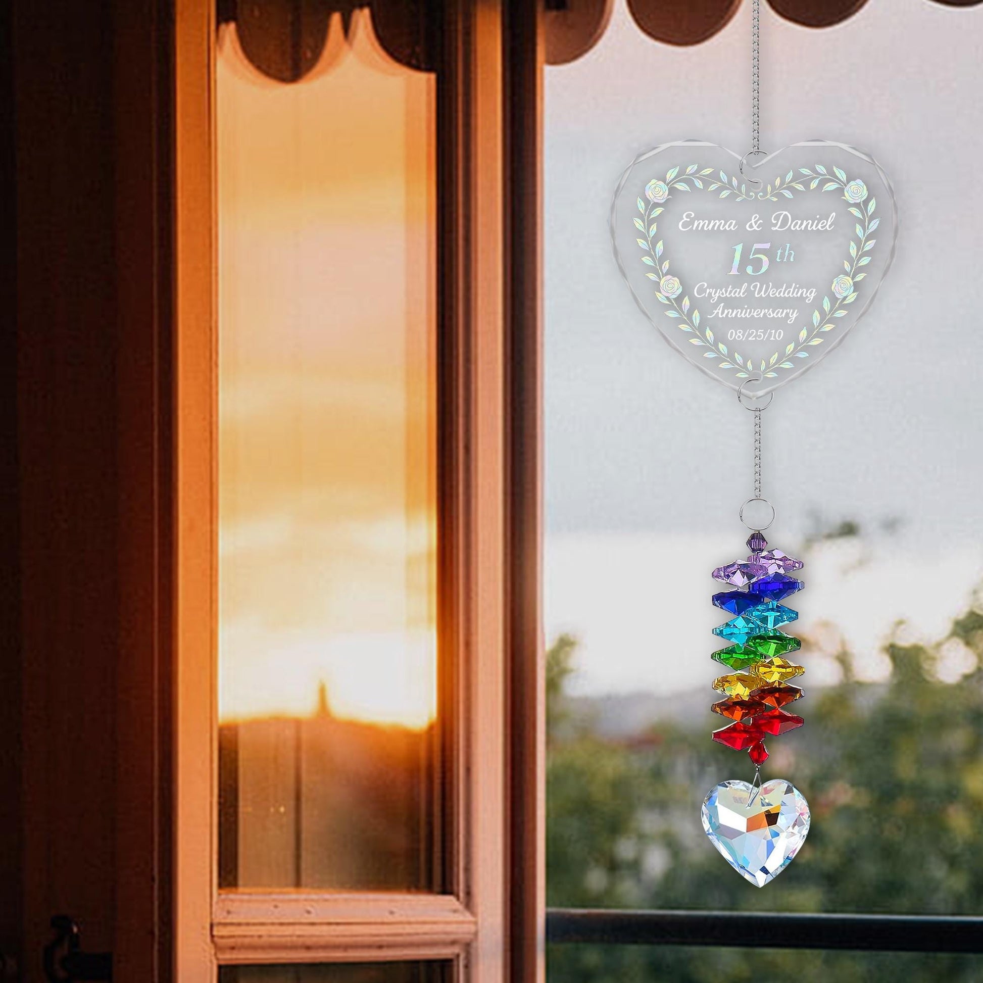 Custom Crystal Anniversary Ornament Glass Heart Rainbow Charm Decoration