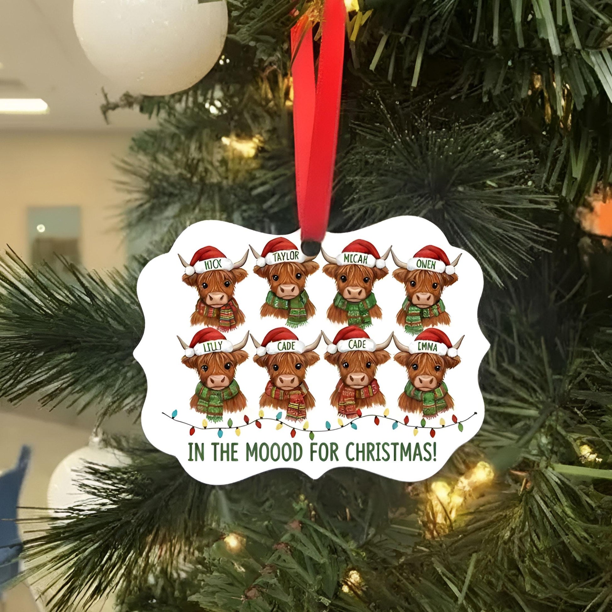 Funny Cow Christmas Ornament: In the Mooood for Christmas Personalized Highland Cattle Holiday Decor