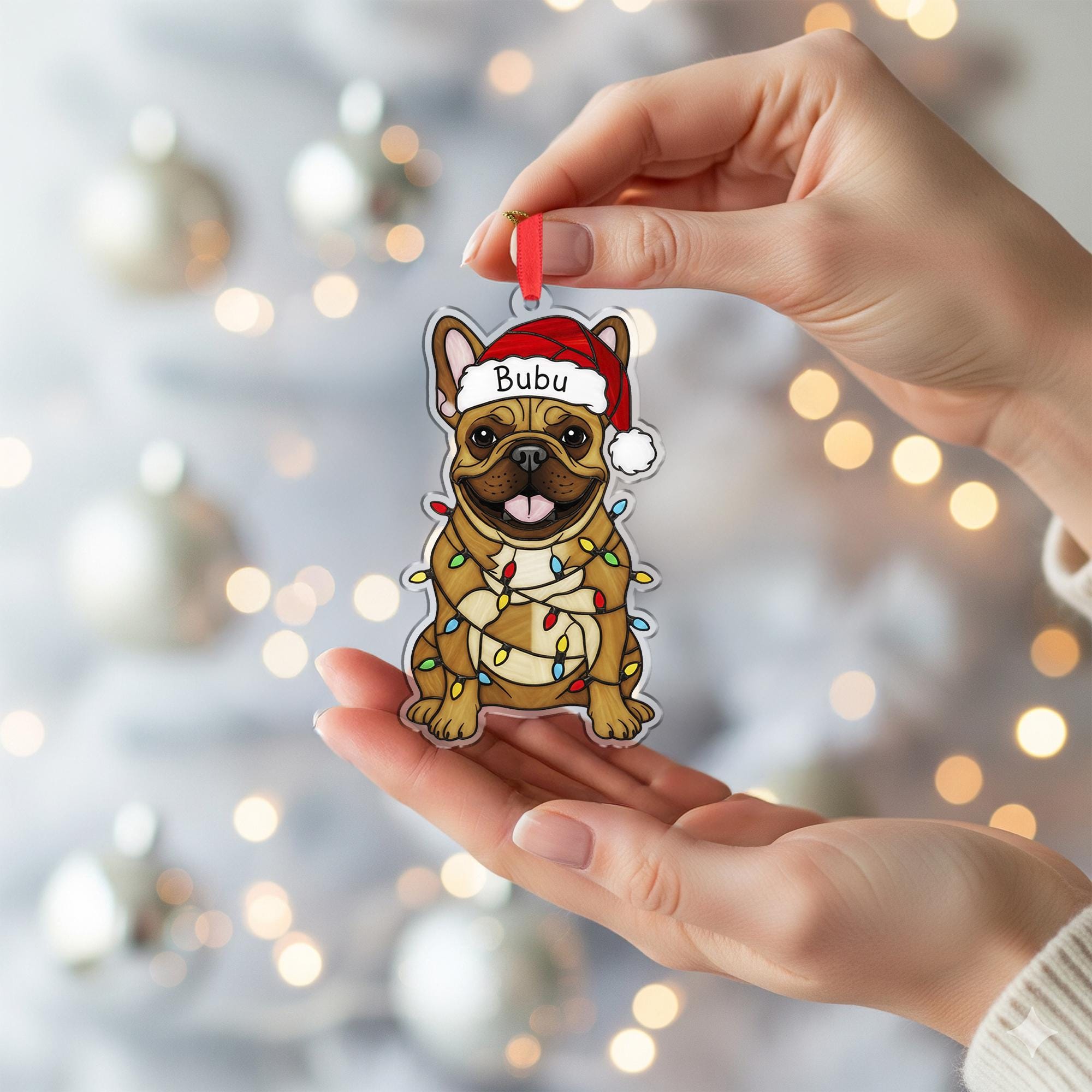 Custom Dog Christmas Ornament – Personalized French Bulldog with Santa Hat & Lights, Pet Name Decoration