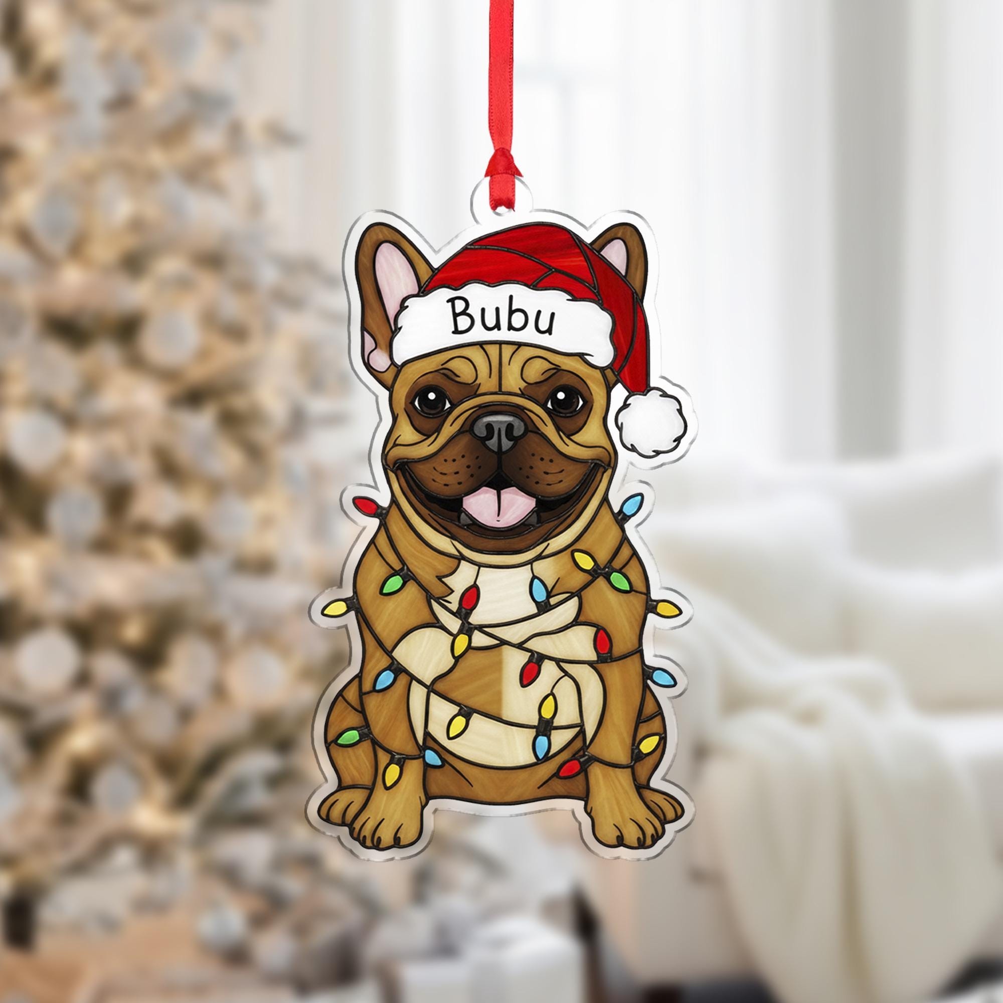 Custom Dog Christmas Ornament – Personalized French Bulldog with Santa Hat & Lights, Pet Name Decoration