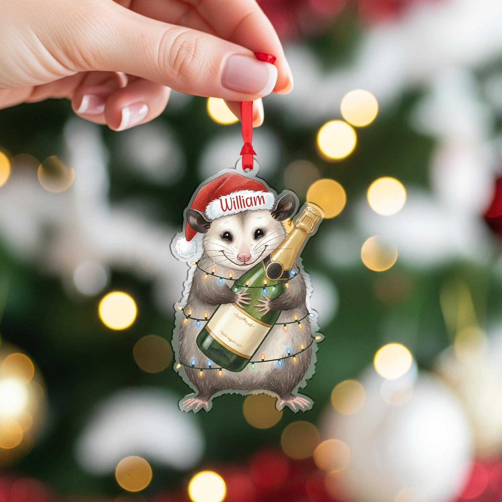 Custom Possum Christmas Ornament – Personalized Santa Hat and Champagne Bottle Decoration, Holiday Tree Keepsake