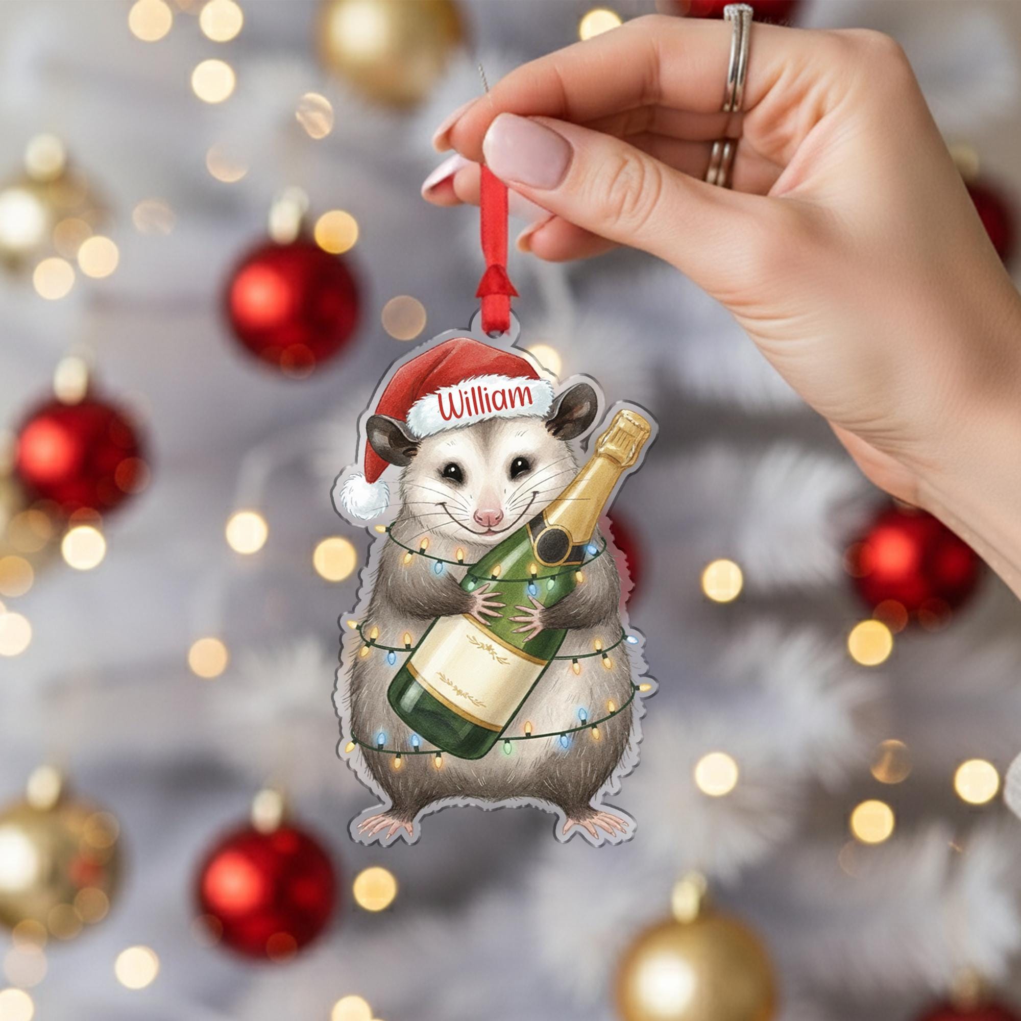 Custom Possum Christmas Ornament – Personalized Santa Hat and Champagne Bottle Decoration, Holiday Tree Keepsake