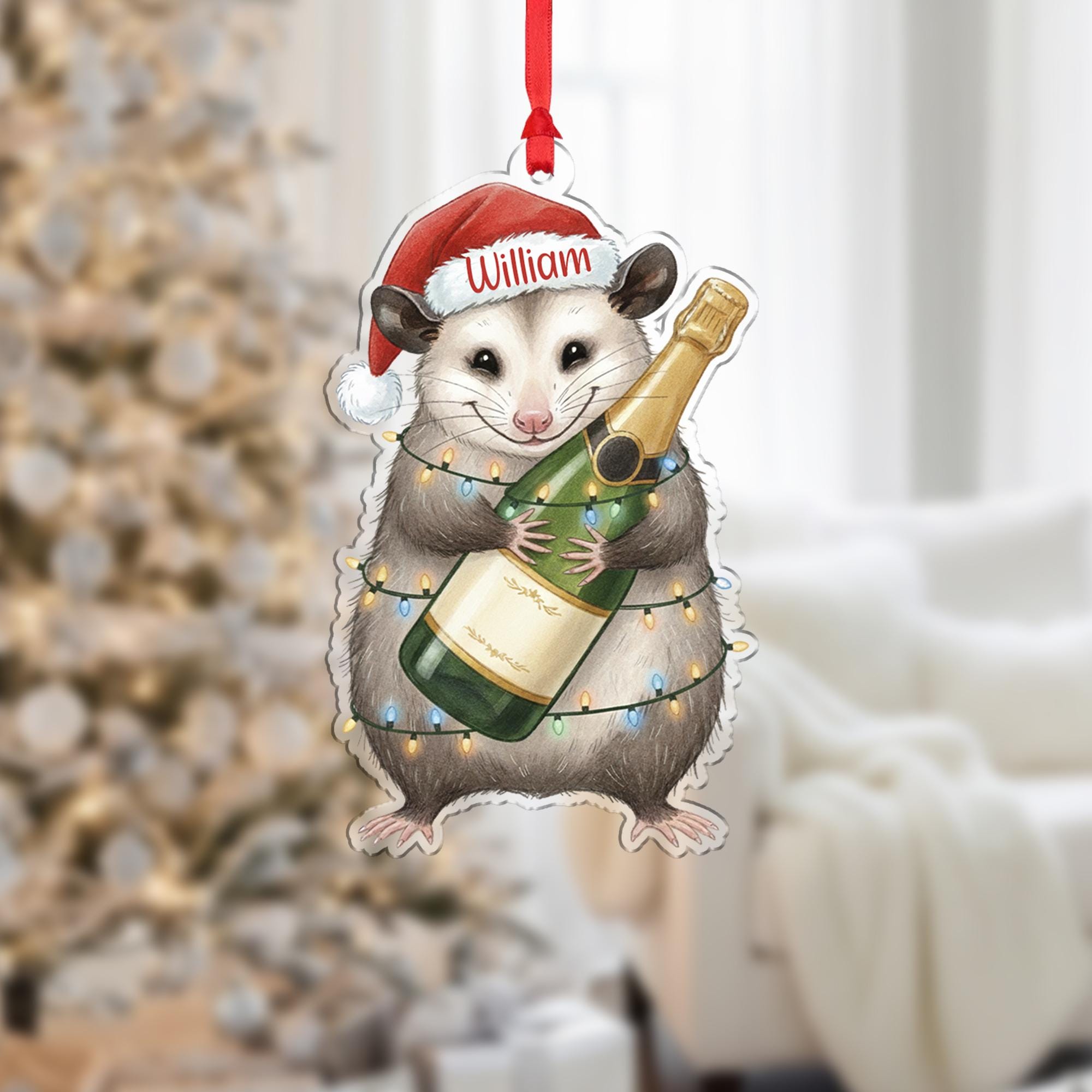 Custom Possum Christmas Ornament – Personalized Santa Hat and Champagne Bottle Decoration, Holiday Tree Keepsake