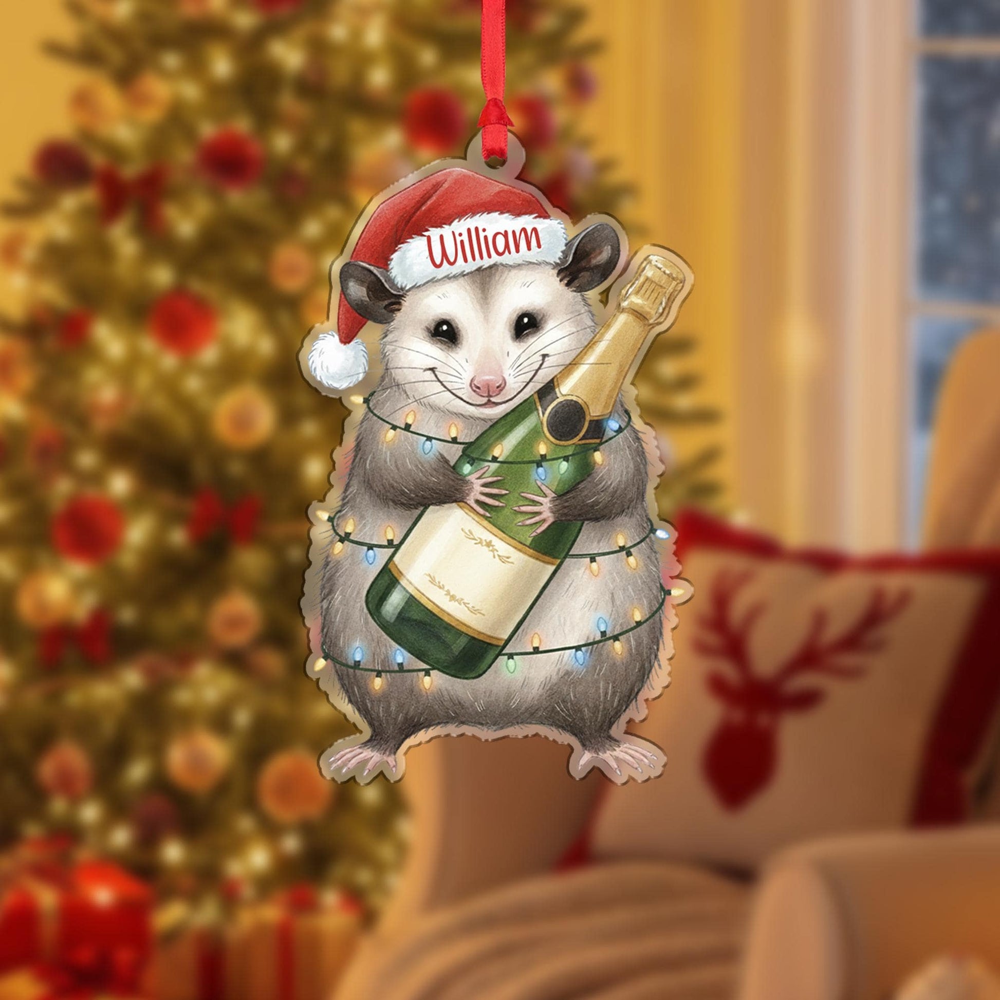 Custom Possum Christmas Ornament – Personalized Santa Hat and Champagne Bottle Decoration, Holiday Tree Keepsake
