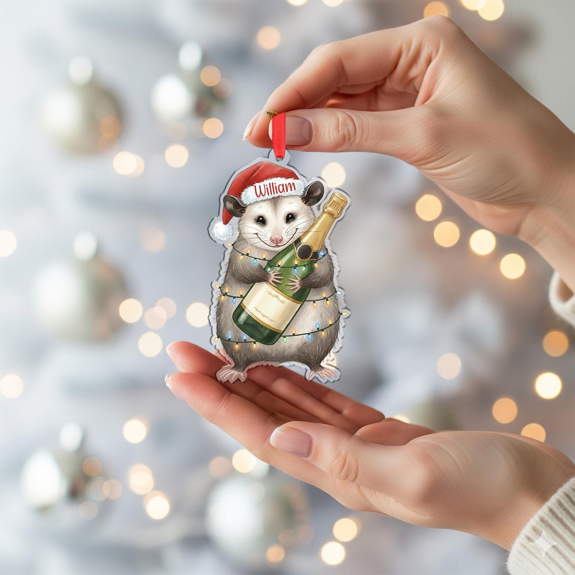 Custom Possum Christmas Ornament – Personalized Santa Hat and Champagne Bottle Decoration, Holiday Tree Keepsake