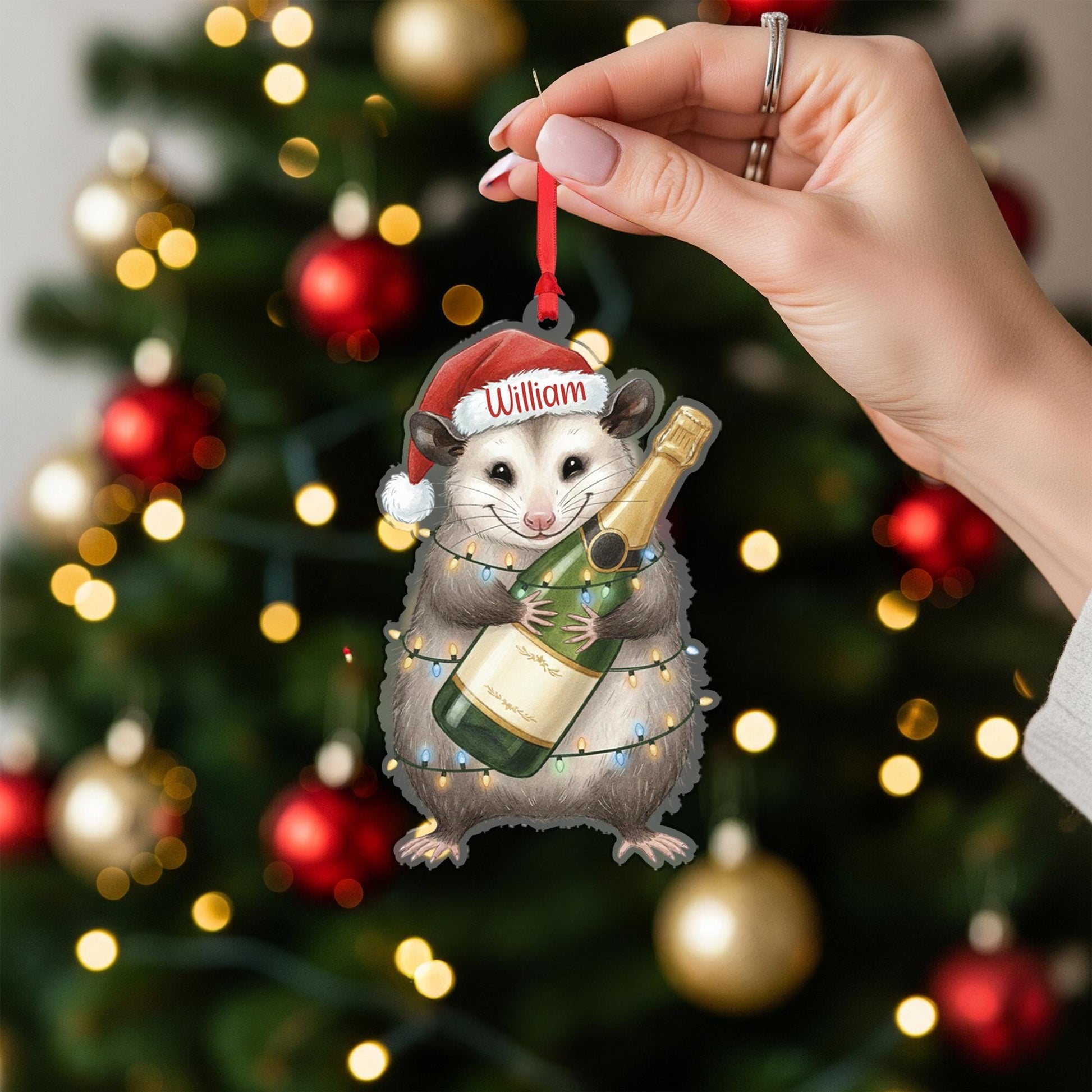 Custom Possum Christmas Ornament – Personalized Santa Hat and Champagne Bottle Decoration, Holiday Tree Keepsake