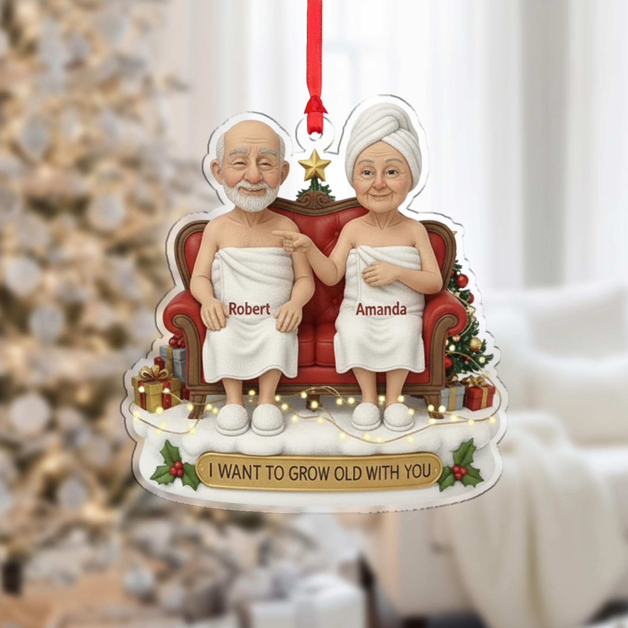 Custom Couple Christmas Ornament – Personalized Older Couple on Couch Decoration, Holiday Keepsake with Names