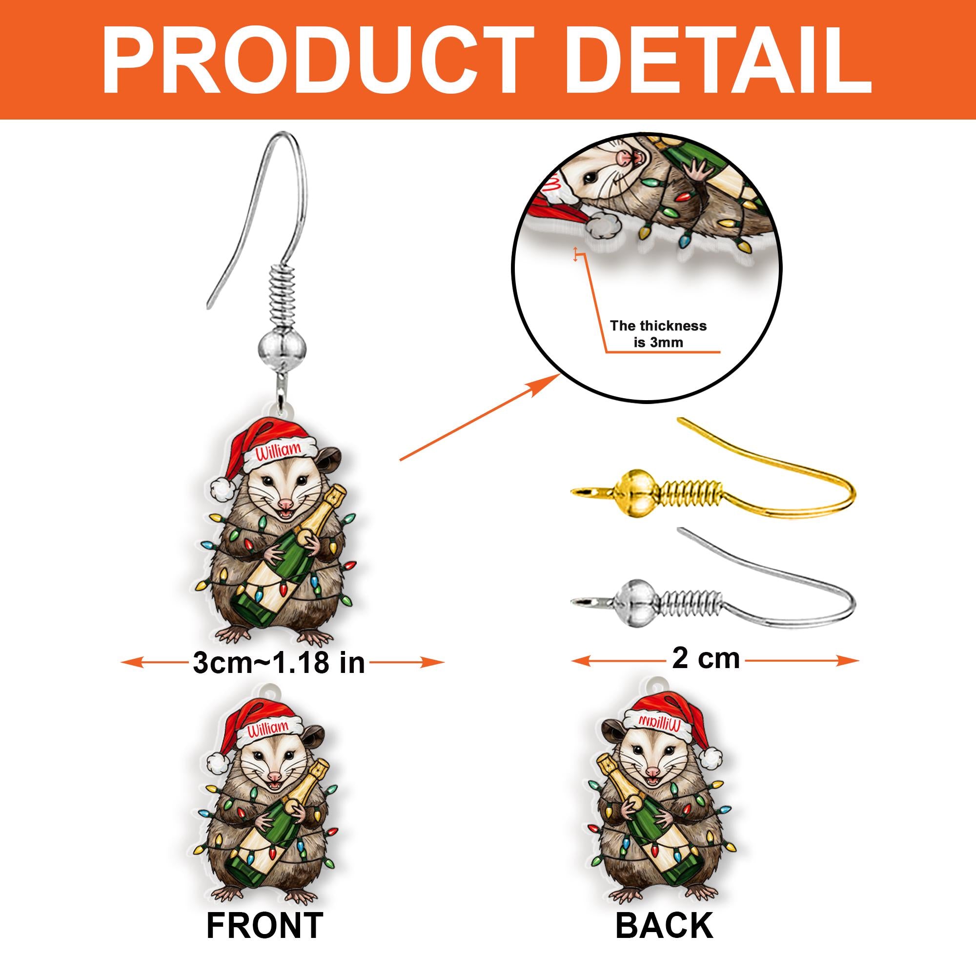 Custom Possum Christmas Earrings – Personalized Santa Hat and Champagne Bottle Jewelry, Holiday Dangle Earrings