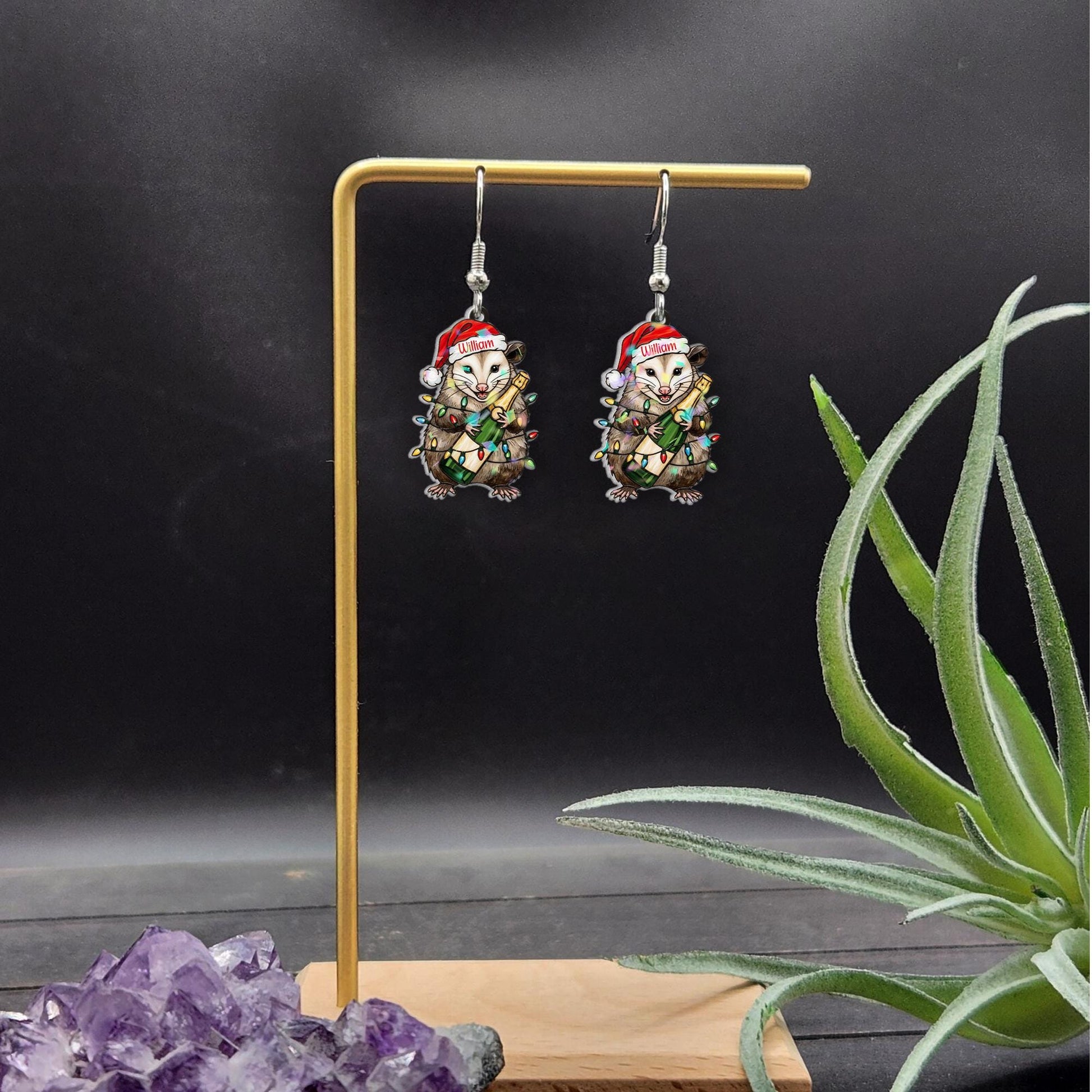Custom Possum Christmas Earrings – Personalized Santa Hat and Champagne Bottle Jewelry, Holiday Dangle Earrings