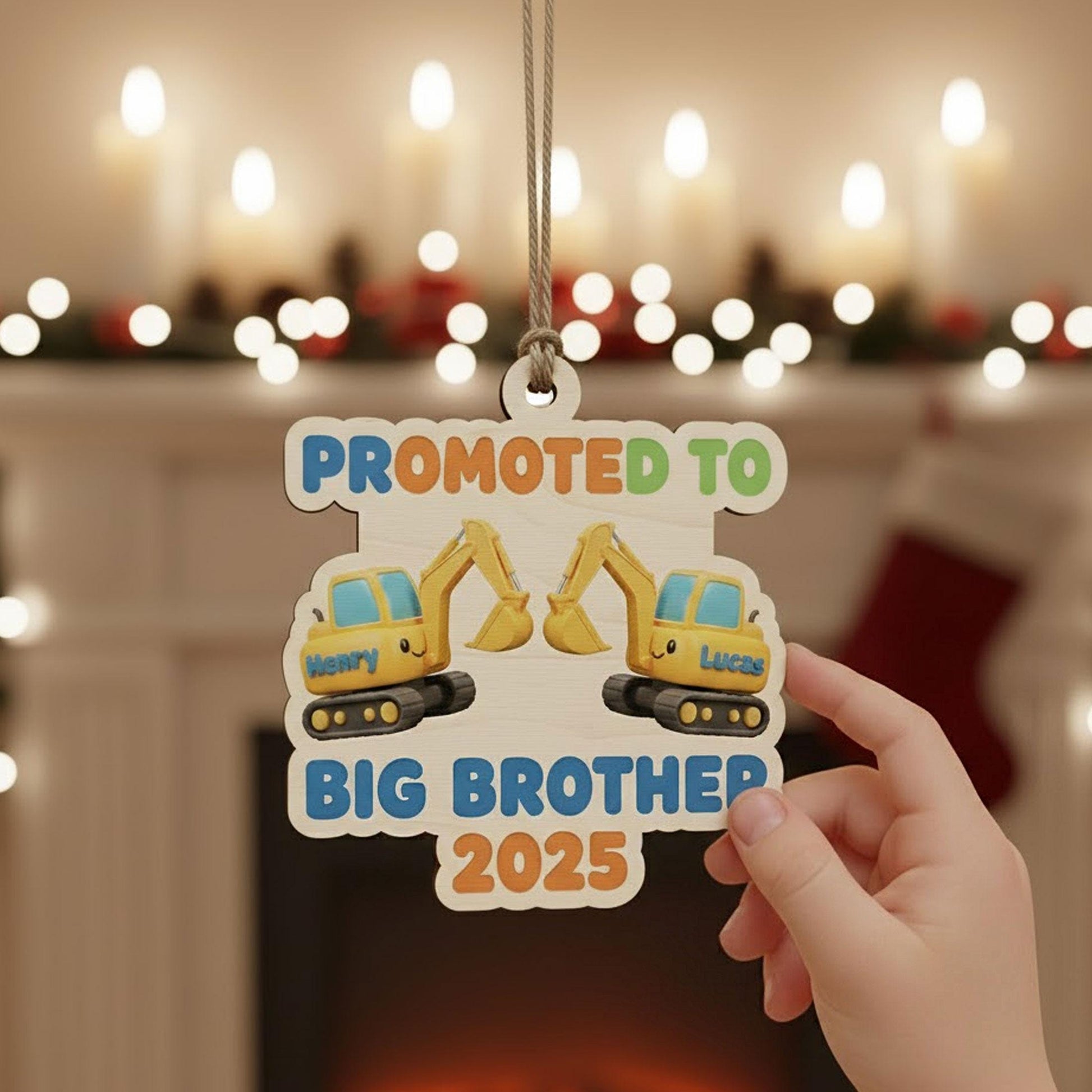 Custom Excavator Big Brother Ornament: Personalized 2025 Sibling Announcement, Construction Keepsake