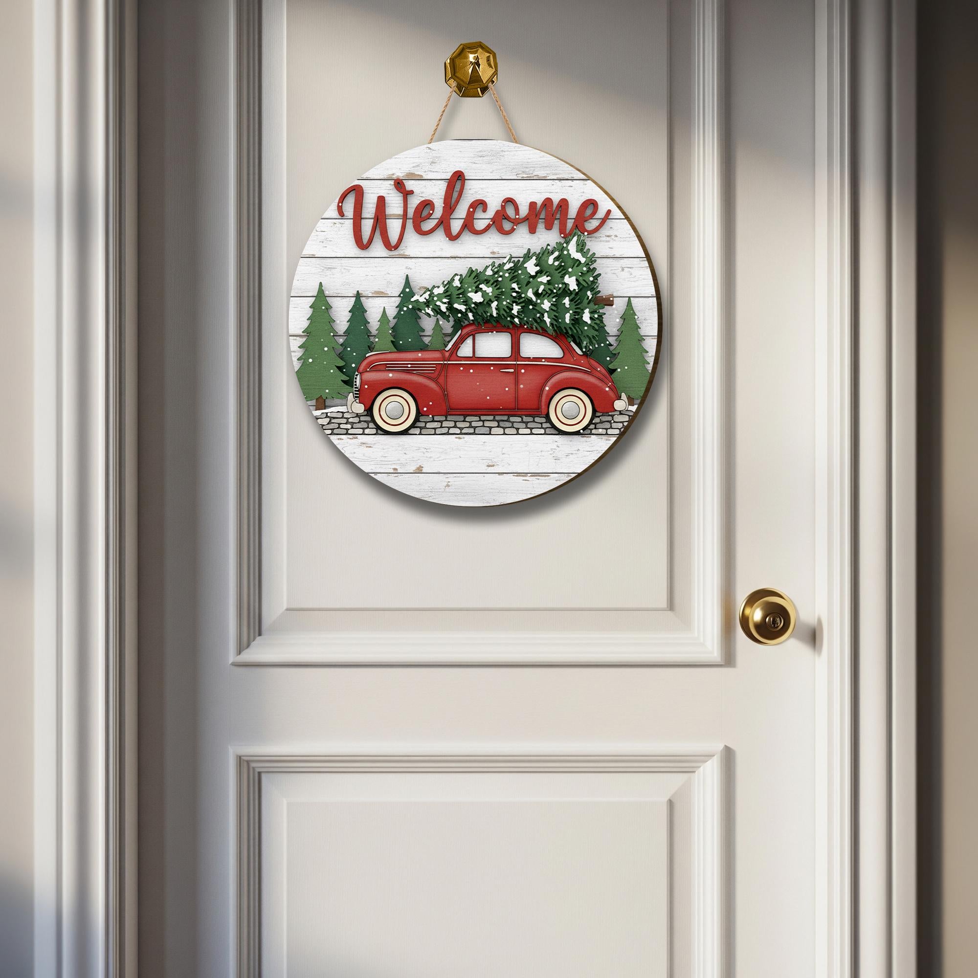 Red Truck Welcome Door Sign: Rustic Christmas Porch Decor