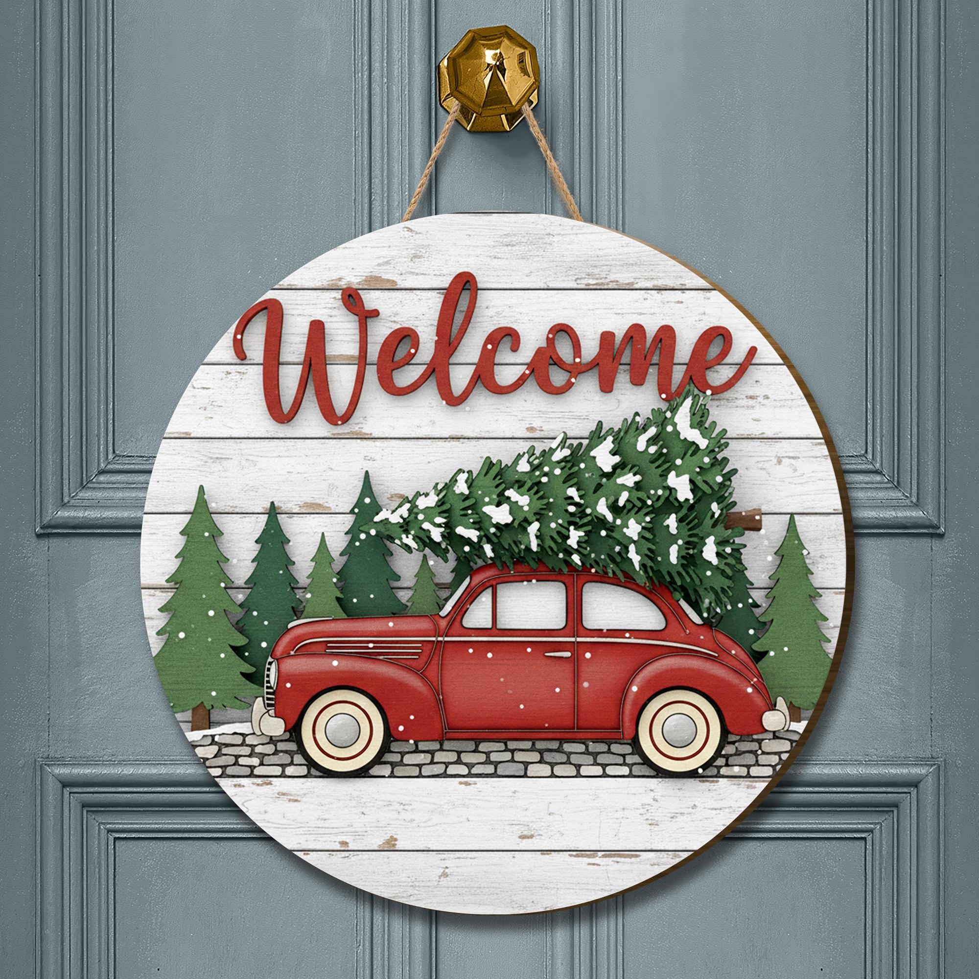 Red Truck Welcome Door Sign: Rustic Christmas Porch Decor