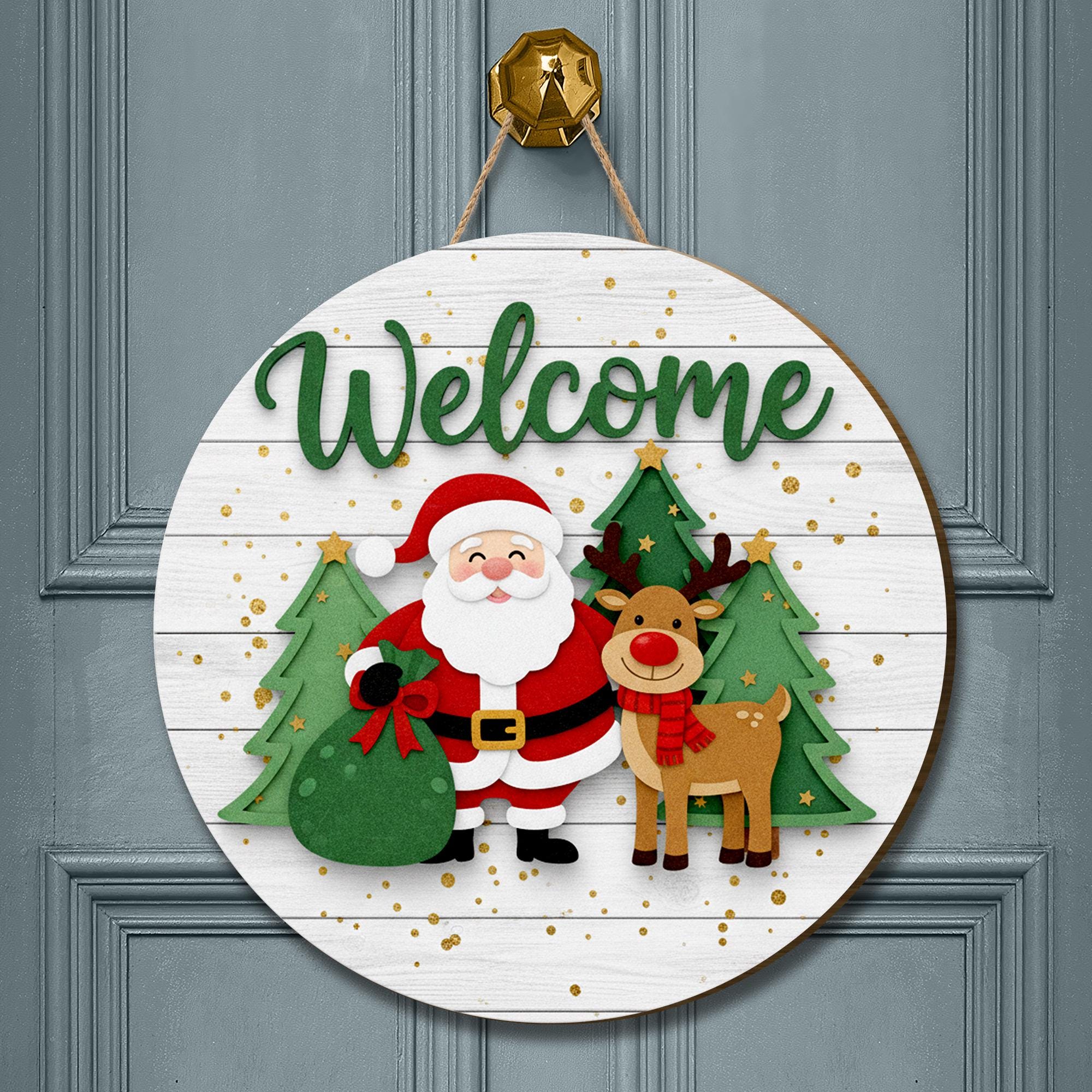 Santa and Reindeer Welcome Door Sign: Christmas Porch Decor