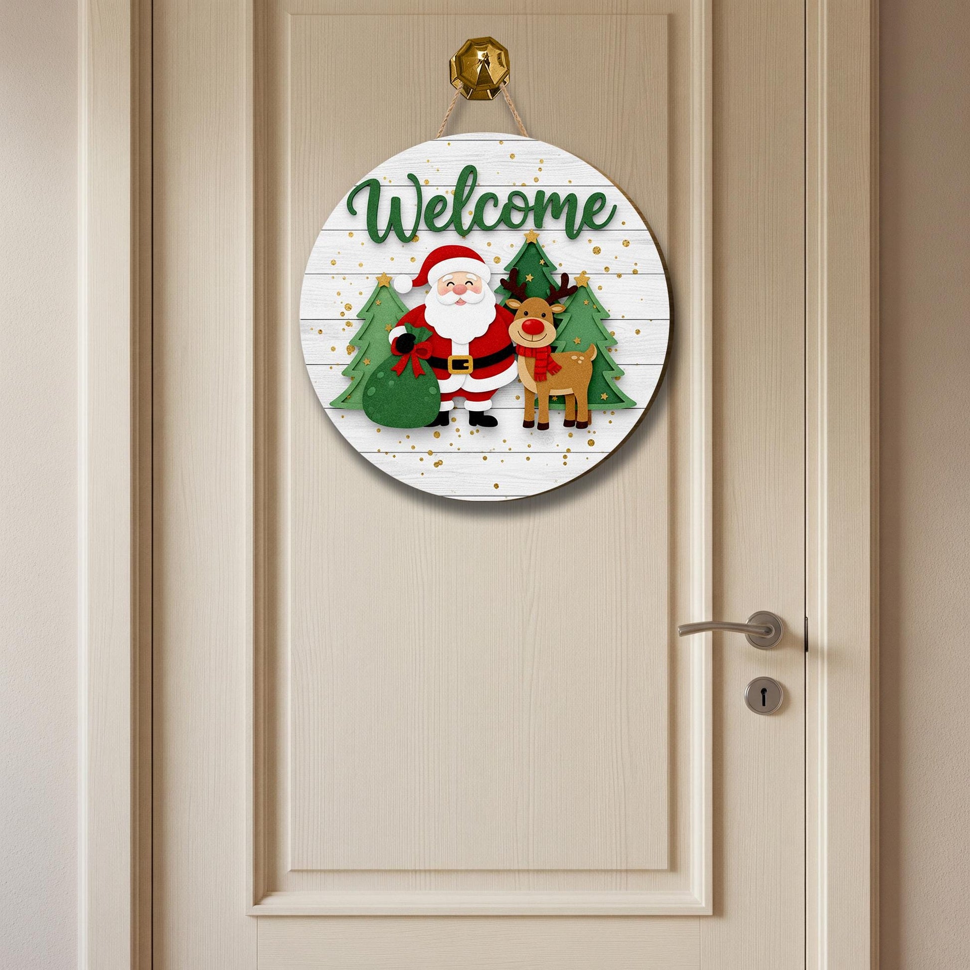Santa and Reindeer Welcome Door Sign: Christmas Porch Decor