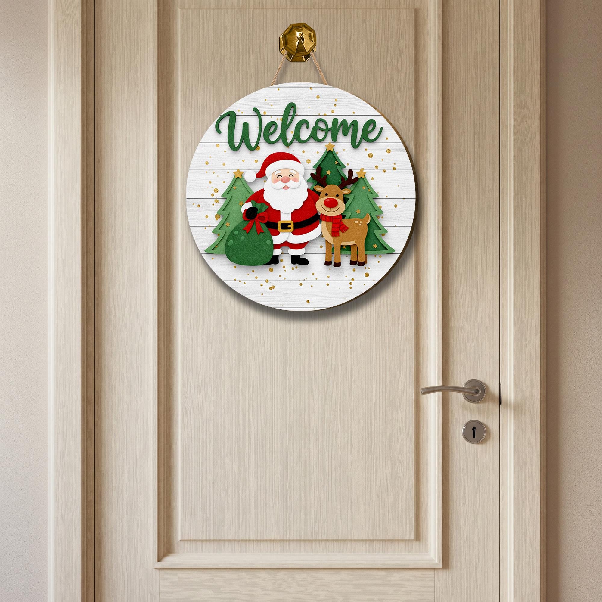 Santa and Reindeer Welcome Door Sign: Christmas Porch Decor