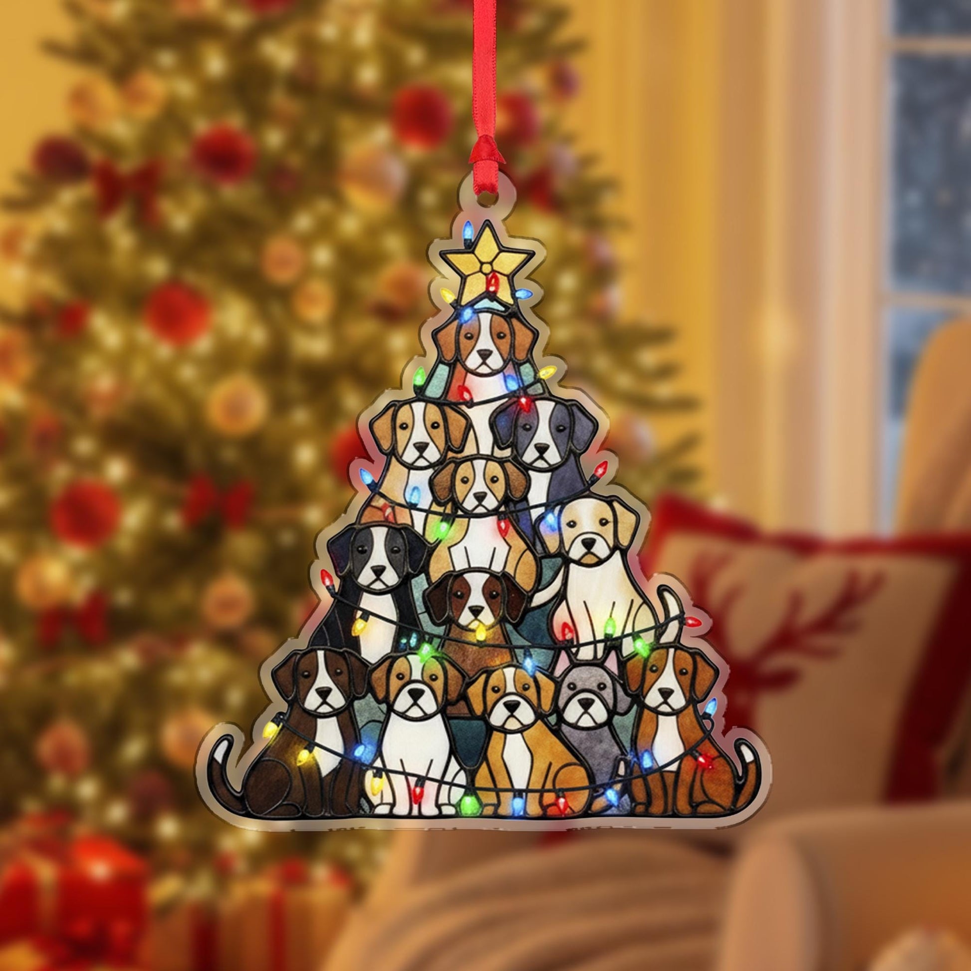 Dog Christmas Ornament – Tree Shape with Puppies and String Lights – Acrylic Holiday Decoration